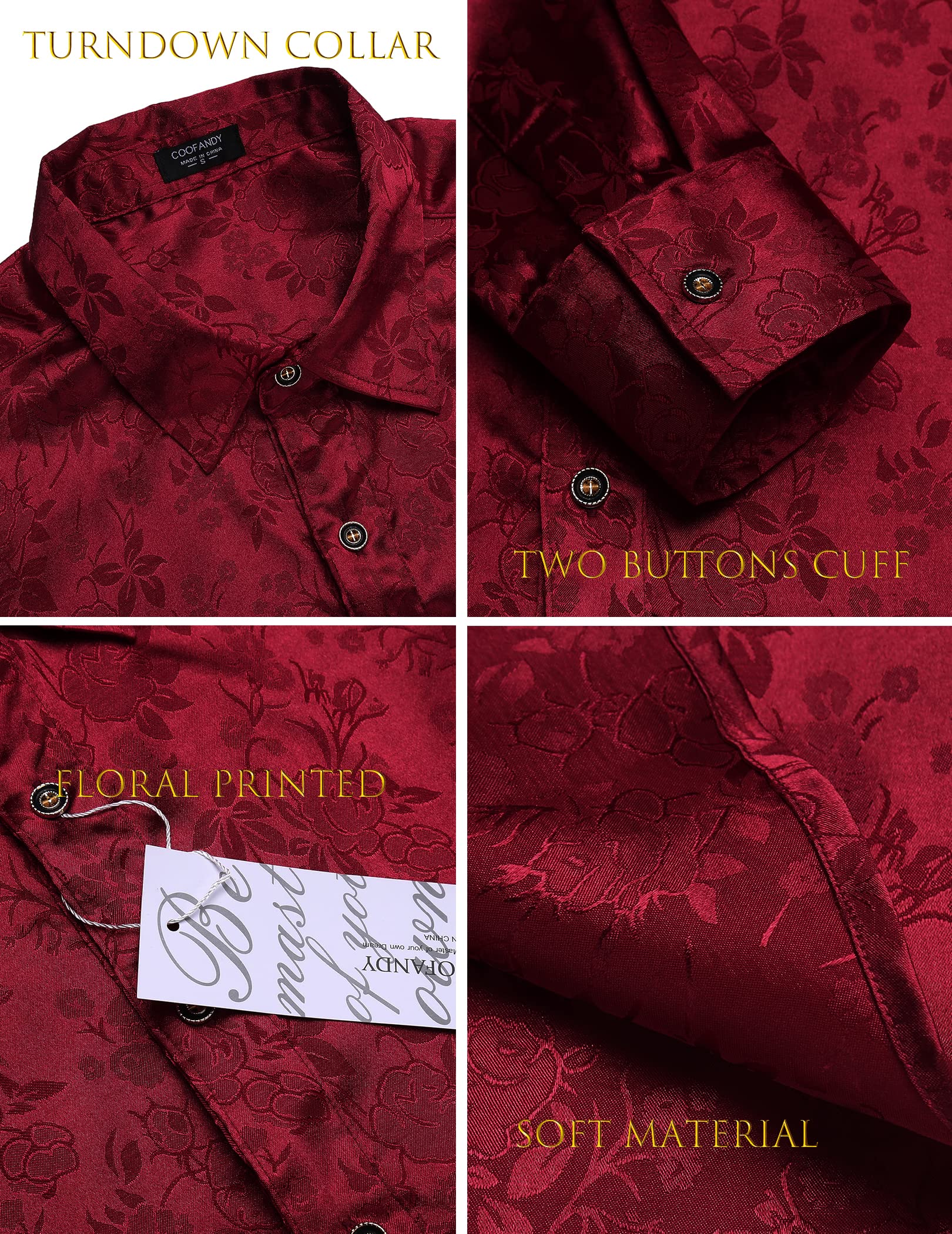 COOFANDY Men's Silk Satin Dress Shirt - Jacquard Long Sleeve Floral Button Up Shirt for Wedding, Prom, Party & Formal Occasions - Elegant Business & Evening Wear