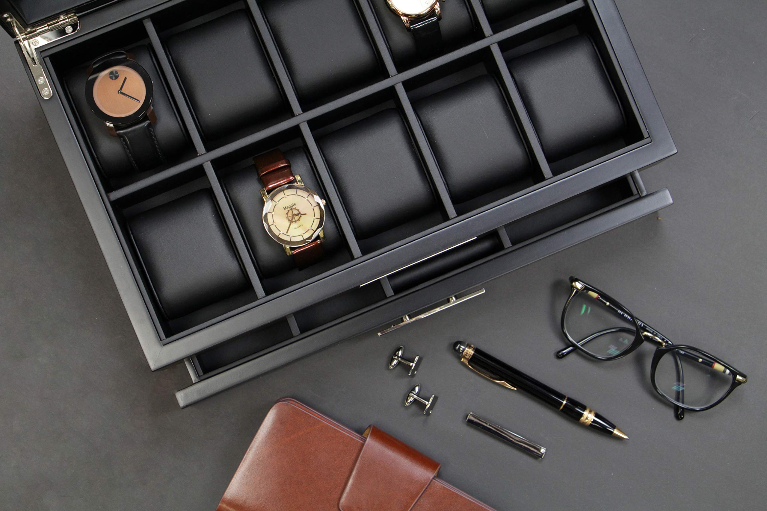 Premium Wooden Watch Box Organizer - Luxury Valet Storage for Watches, Sunglasses & Jewelry (Brown) - Perfect for Home, Office & Travel Accessory Organization