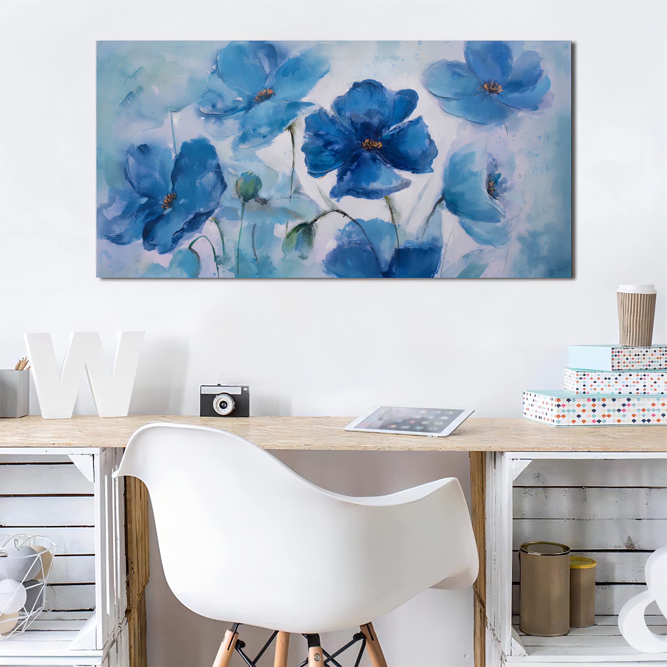 Large Blue Floral Canvas Wall Art - 24x48 Inch Framed Abstract Flower Print, Modern Home Decor for Bedroom & Living Room | Ready to Hang | Perfect for Housewarming Gifts & Interior Design