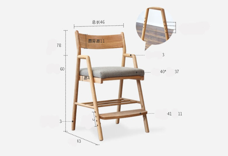 Adjustable Height Oak Solid Wood Kids Chair - Sturdy & Ergonomic Design for Study, Dining & Playtime