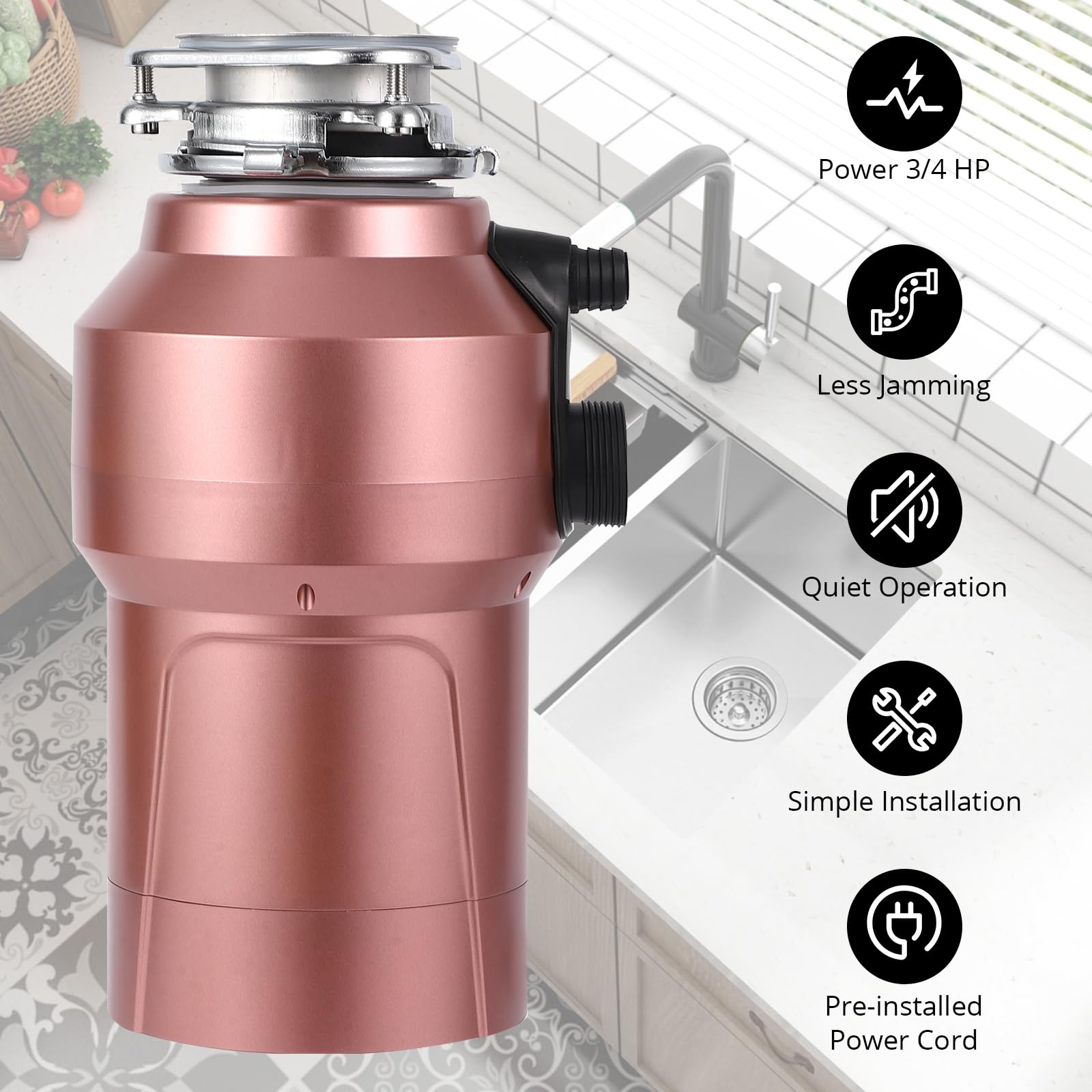 GARVEE 3/4HP Garbage Disposal - 560W Continuous Feed Food Waste Disposer with 14 Inch Cord, 0.75HP 4200r/Min Grinding System for Kitchen Sinks (Includes Air Switch) - Perfect for Home, Restaurant & Commercial Use