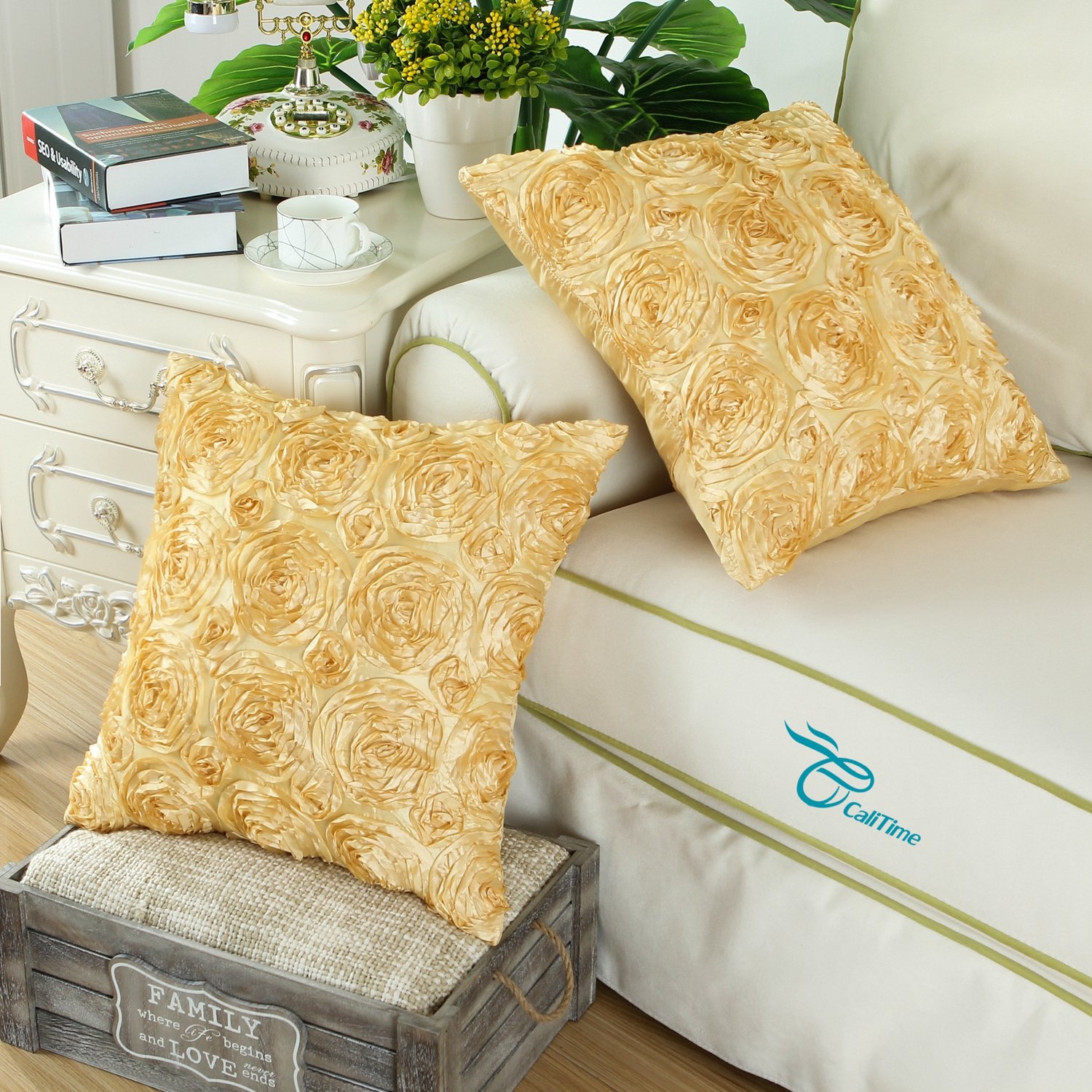 Premium Pack of 2 Floral Cushion Covers - 18x18 Inch Soft Gold Throw Pillow Cases with 3D Rose Design for Sofa, Couch & Home Decor | Perfect for Living Room, Bedroom & Cozy Spaces