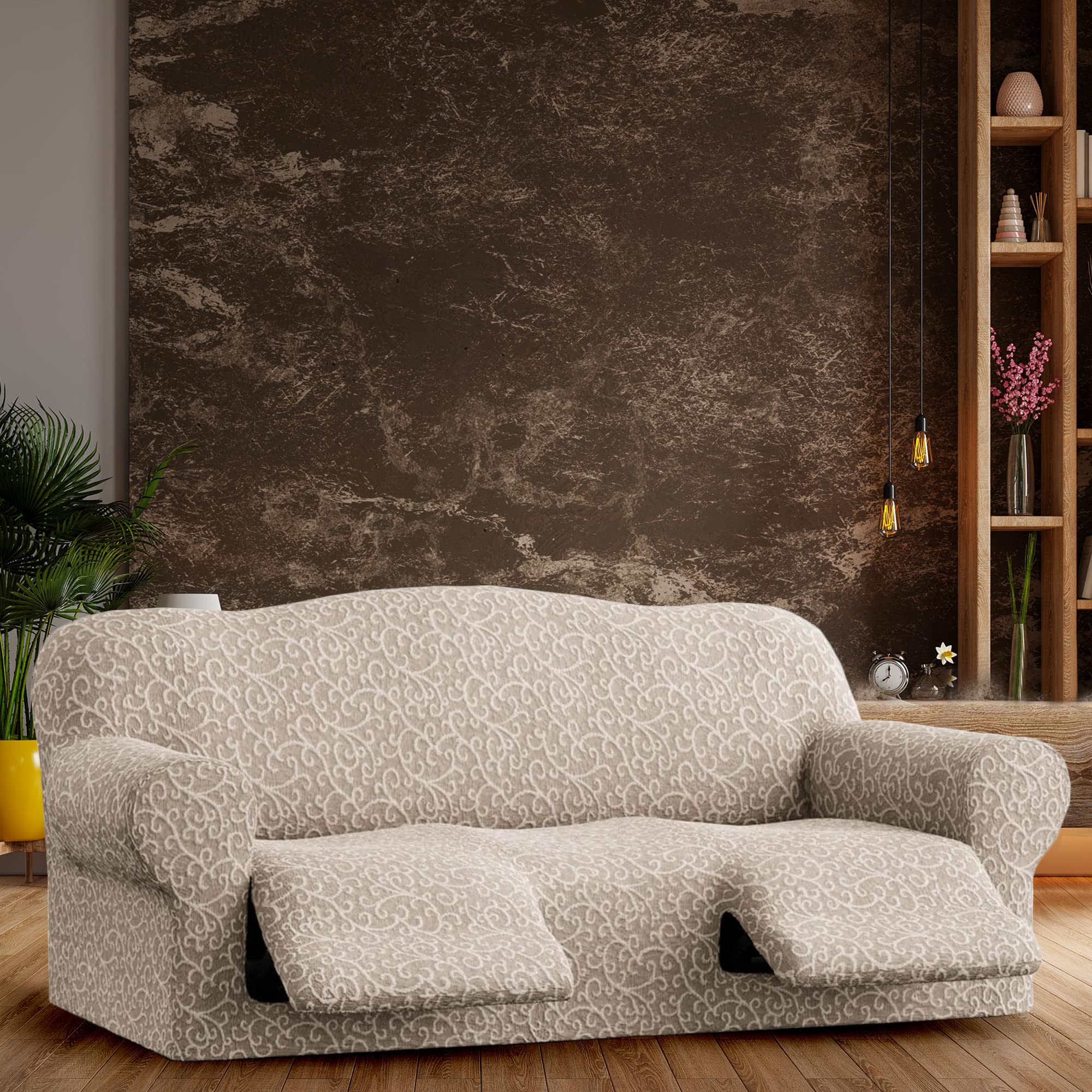 PAULATO BY GA.I.CO. Recliner Sofa Cover - Stretchable 1-Piece Slipcover for Reclining Sofas - Soft Polyester Fabric Protector - Jacquard 3D Design in Beige Arabesco - Perfect for Living Room, Home Theater & Family Room Furniture Protection