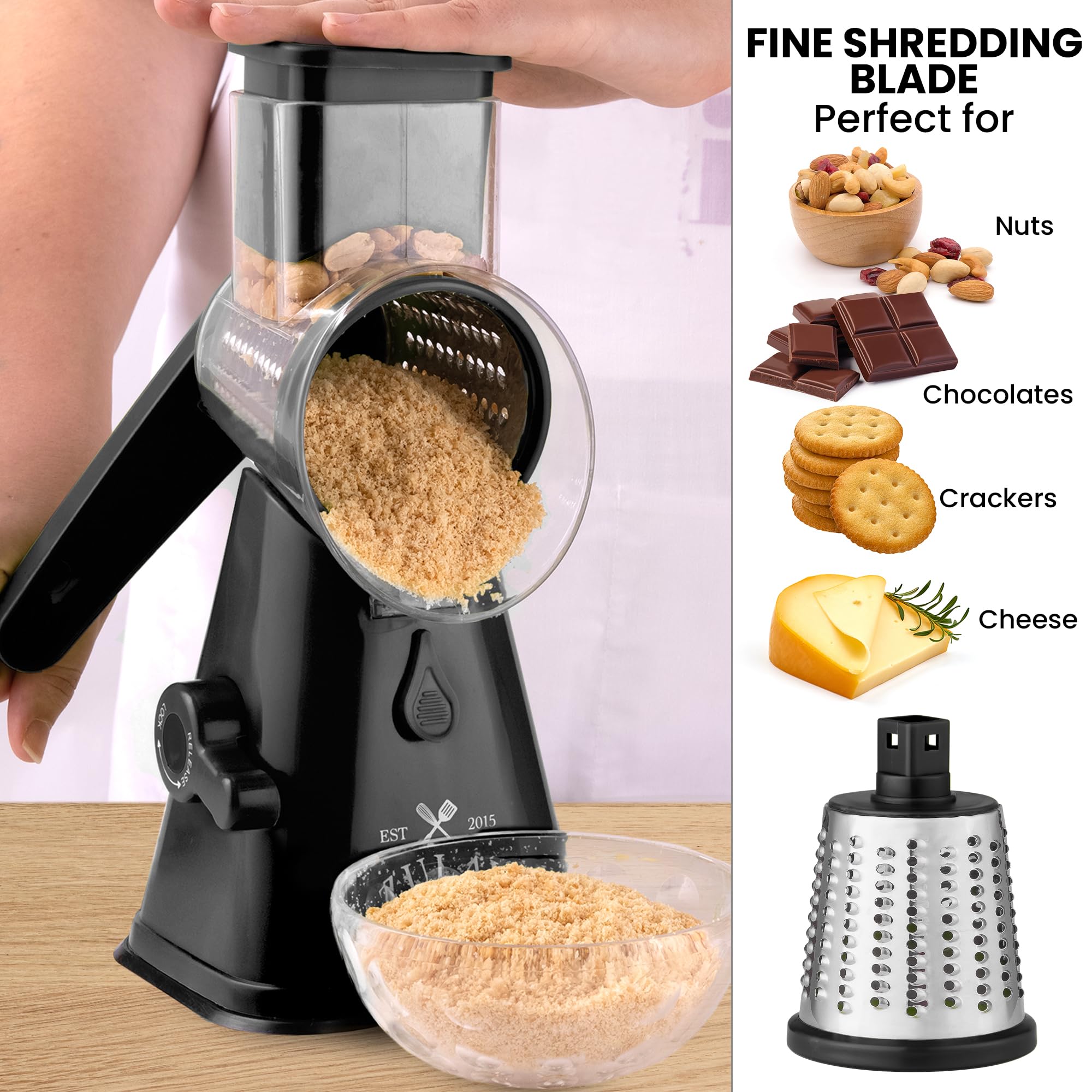 Upgraded Rotary Cheese Grater with Reinforced Suction - 3 Replaceable Stainless Steel Drum Blades - Easy to Use & Clean - Vegetable Slicer & Nut Grinder for Kitchen, Salad, Pizza & Pasta (Black)