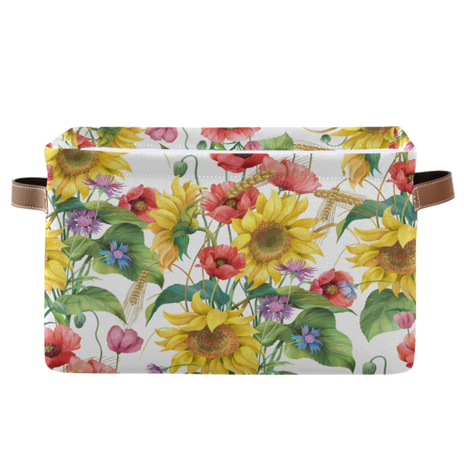 AUUXVA Floral Sunflower Poppy Collapsible Storage Basket with Handles - Large Rectangular Fabric Storage Bin for Toys, Clothes & Home Organization - Perfect for Nursery, Bedroom, Closet & Office Decor