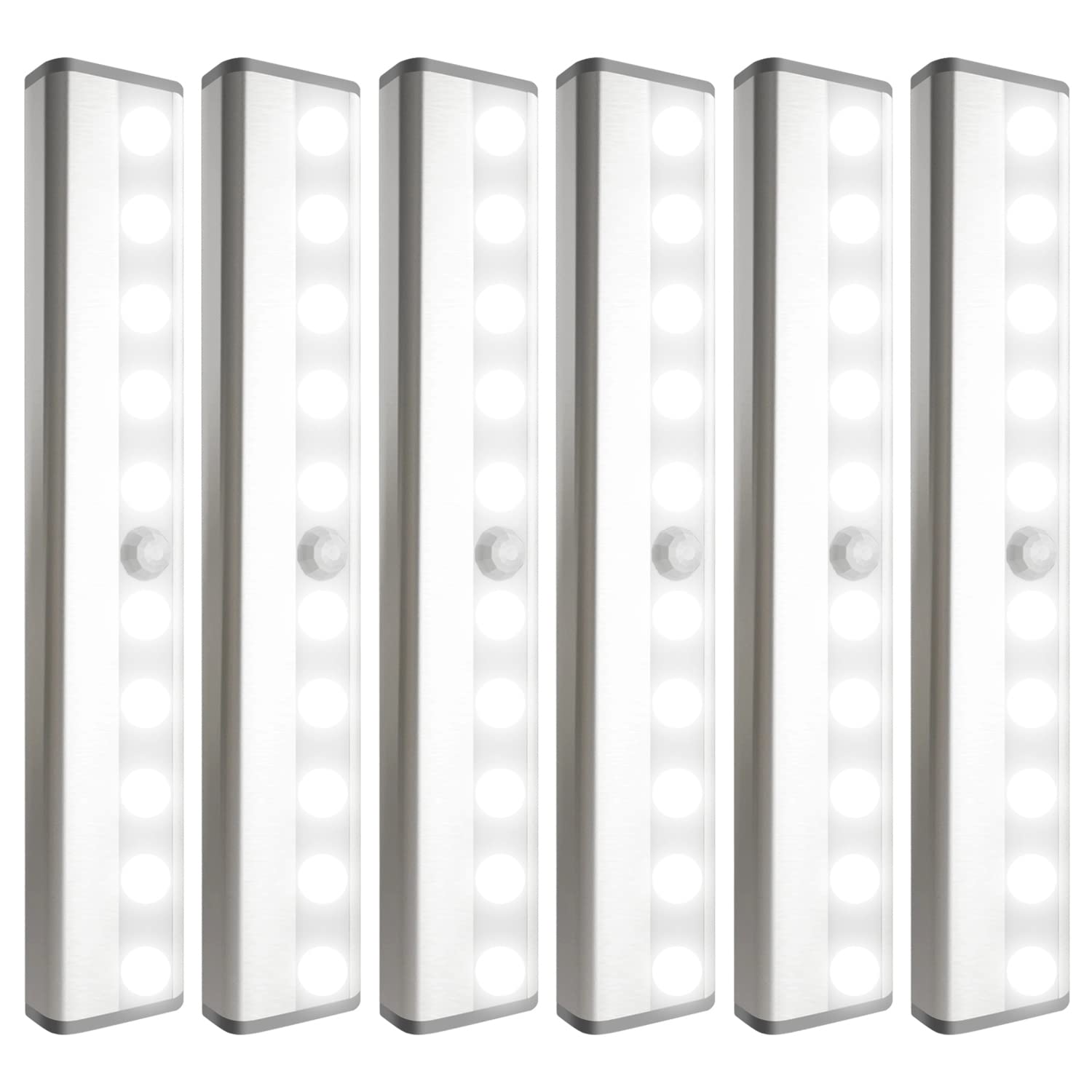 6 Pack LED Motion Sensor Night Lights - Battery Operated Stick-On Magnetic Closet Lights with 10 LEDs - Perfect for Wardrobe, Stairs, Hallway & Indoor Safety Lighting (White) - Ideal for Bedrooms, Bathrooms, Kids Rooms & Dark Spaces