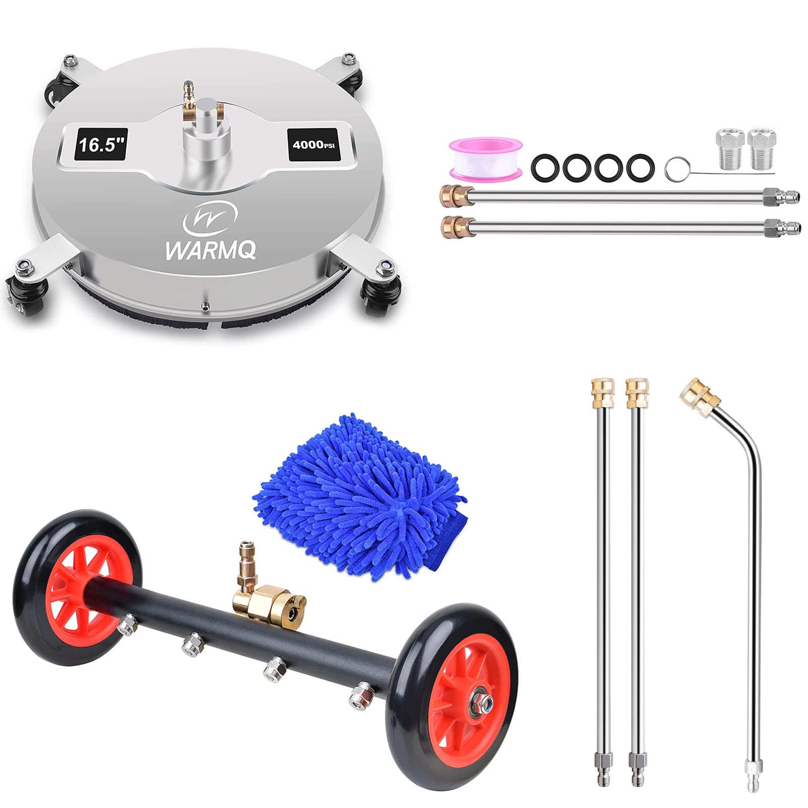 WARMQ 2-in-1 Pressure Washer Undercarriage Cleaner & Water Broom - 4 Wheel Stainless Steel Power Washer Surface Cleaner for Driveways, Patios & Outdoor Cleaning