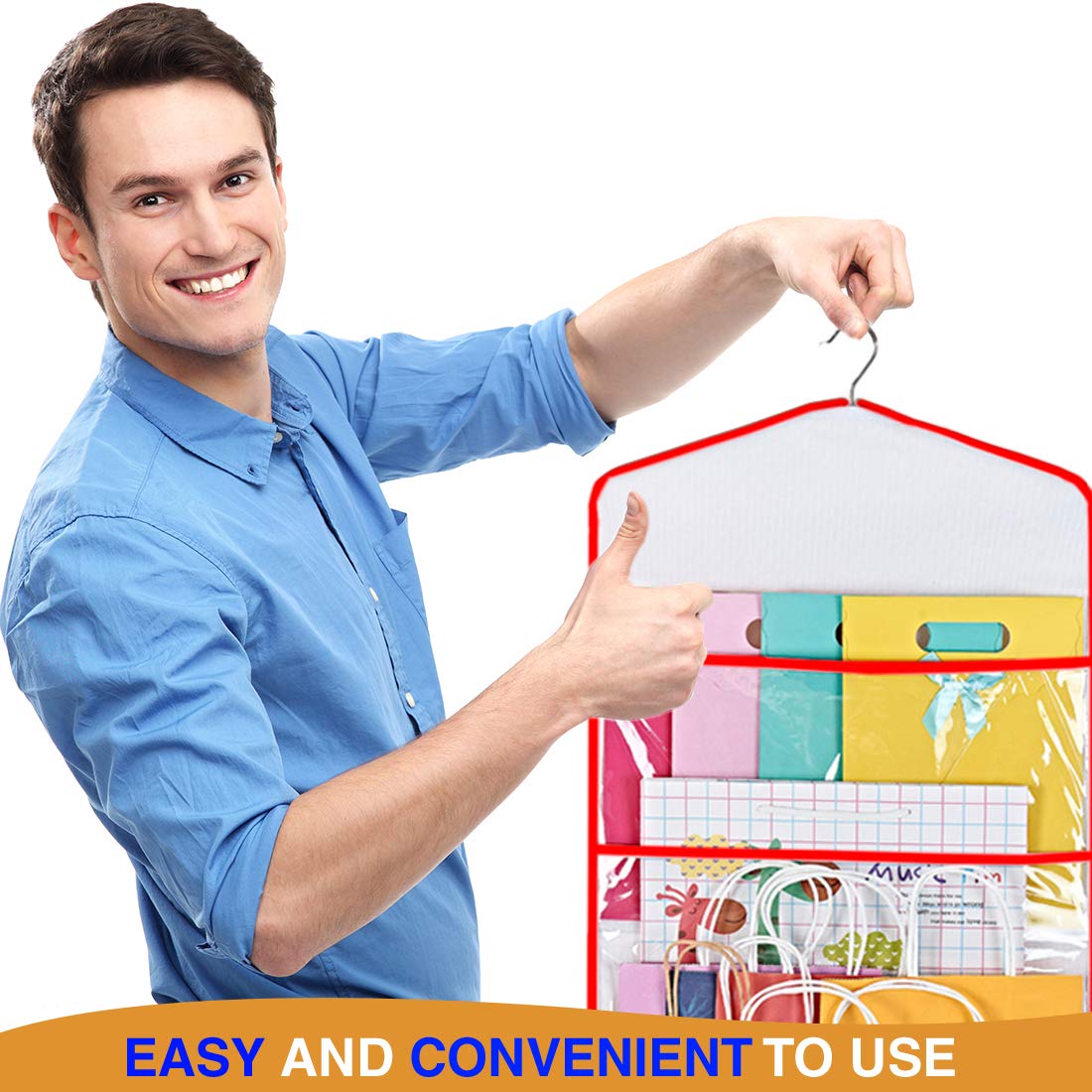 ProPik Hanging Gift Bag Storage Organizer - 38 x 16 Inch PVC Gift Wrap & Tissue Paper Holder (Red) - Perfect for Holiday Wrapping, Birthday Party Supplies & Craft Room Organization