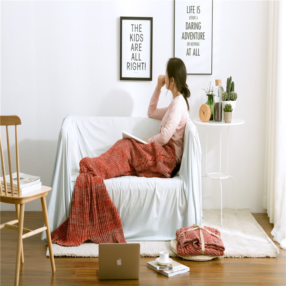 EsyDream Mermaid Tail Blanket for Adults & Teens - All Seasons Knitted Seatail Blanket, Sleeping Bag Snuggle Blanket - Red, 75