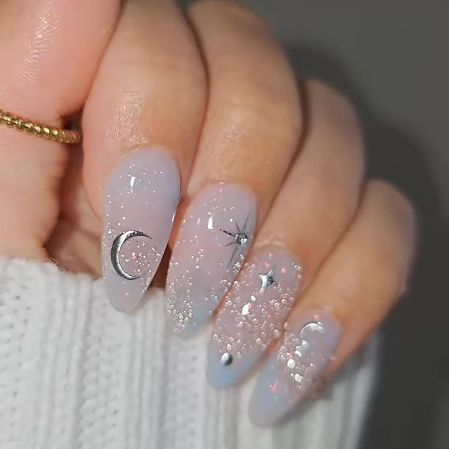 24Pcs Glossy Almond Press-On Nails - Full Cover Acrylic Fake Nails with Elegant Designs, Medium Length Reusable False Nails for Women & Girls (W1578) - Perfect for Parties, Weddings, Date Nights & Everyday Glam