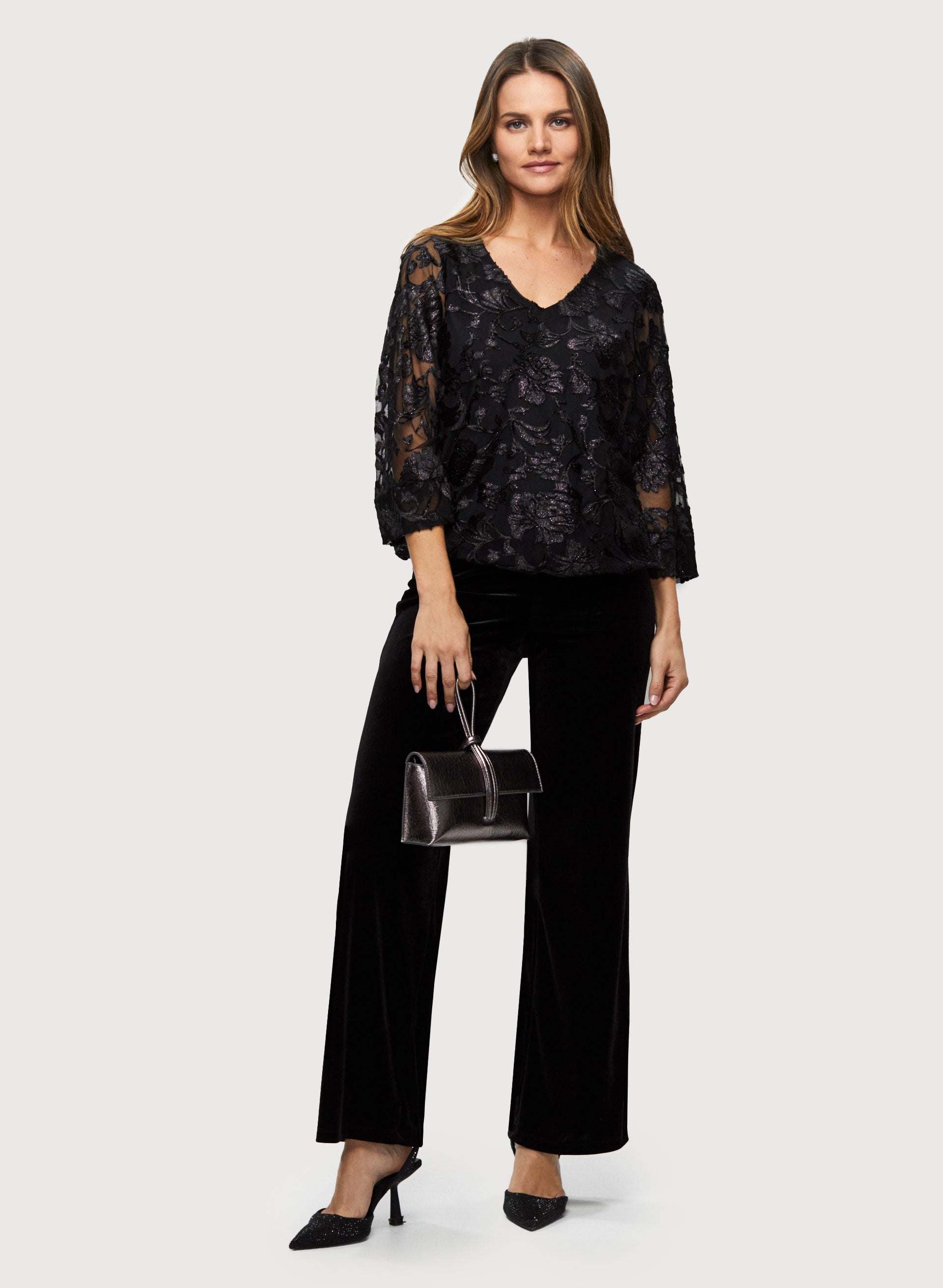 Floral Burnout Velour Top for Women - Soft & Stylish Long Sleeve Blouse for Fall & Winter - Perfect for Casual Outings, Date Nights & Office Wear