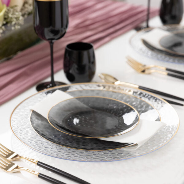 32-Piece Transparent Black & Gold Hammered Plastic Dinnerware Set - 16 Servings, Durable & Stylish for Parties, Weddings, and Outdoor Dining - BPA-Free & Dishwasher Safe