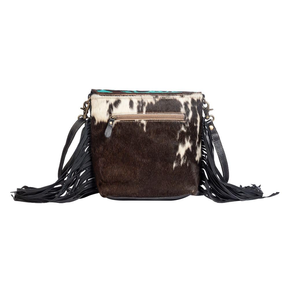 Myra Aqua Hand-Tooled Leather Bag - Women's Upcycled Cotton & Cowhide Purse for Casual Outings
