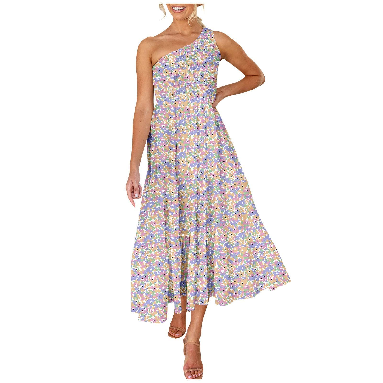 Boho Summer Dresses for Women 2022 - One Shoulder Sleeveless Smocked Maxi Dress with Spaghetti Straps | Casual A-Line Blouson Midi Dress | Perfect for Beach Vacations, Date Nights & Summer Parties