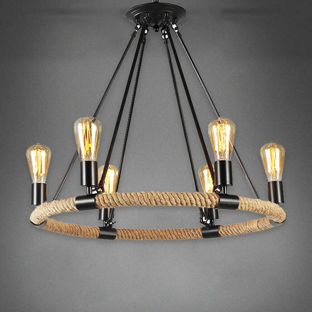 6/8-Light Metal Island Chain Ceiling Lamp - Rustic Industrial Pendant Light with Hemp Rope - Round Retro Chandelier for Living Room, Bedroom, Kitchen & Bar - Perfect for Farmhouse, Loft & Industrial Decor