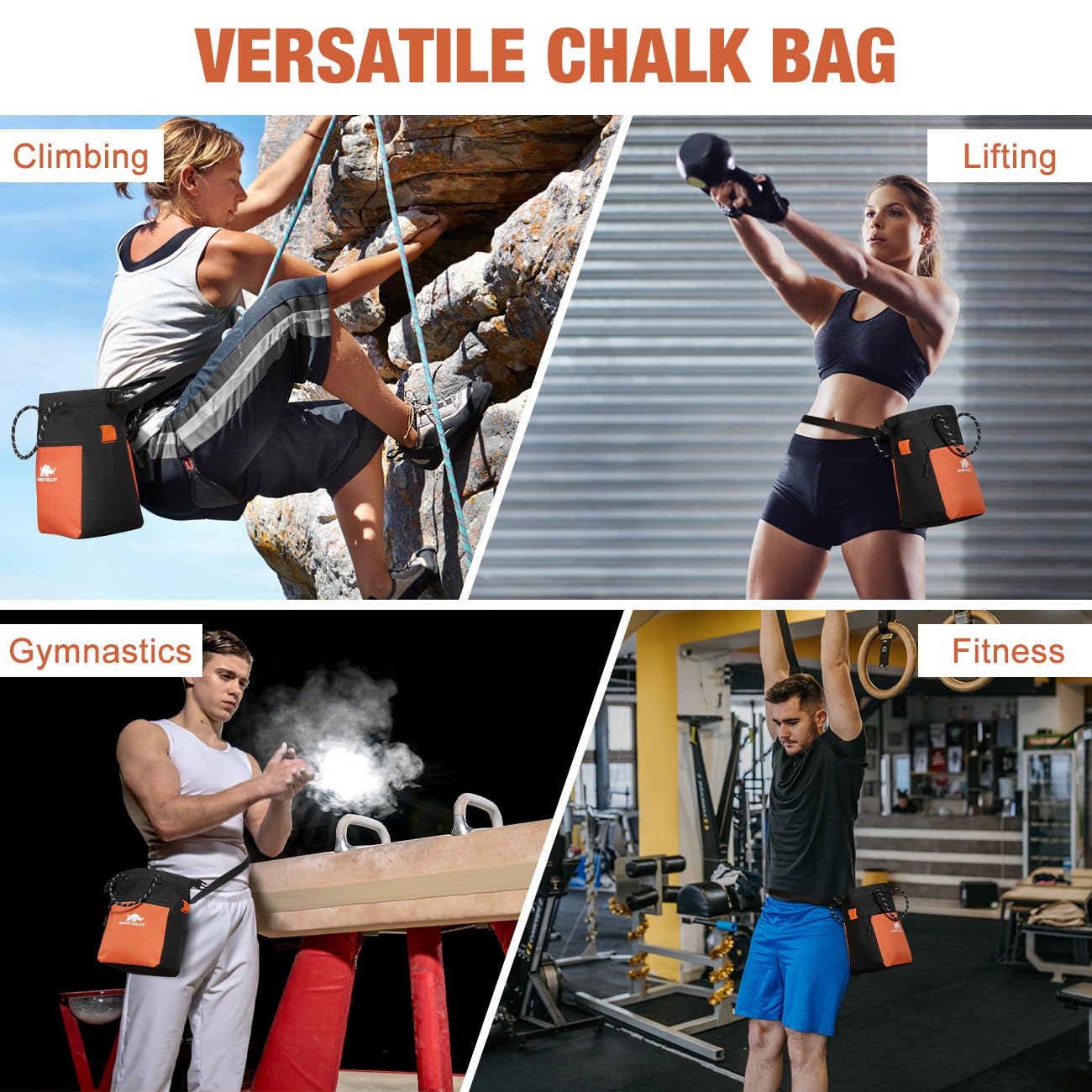 Rhino Valley No Leak Magnetic Chalk Bag for Rock Climbing & Weightlifting - Adjustable Belt, Zipper Pockets & Handle - Perfect for CrossFit, Bouldering & Gym Training