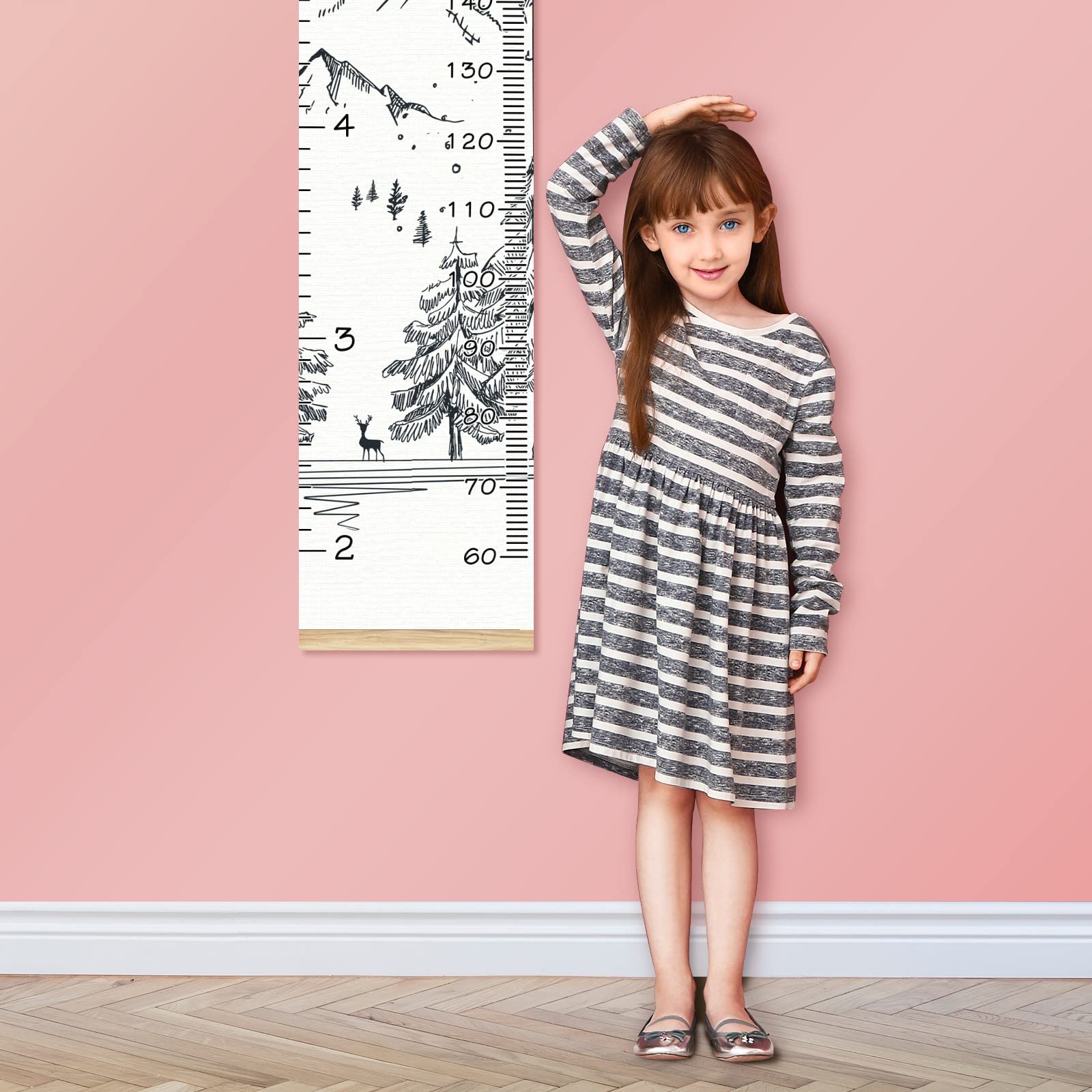 Personalized Kids Name Growth Chart Ruler - Wood Frame Wall Height Measure for Children 13.4x56 Inches - Linen Hanging Growth Tracker for Nursery, Bedroom & Playroom Decor - Perfect for Winter Mountain Themed Kids Rooms & Baby Shower Gifts