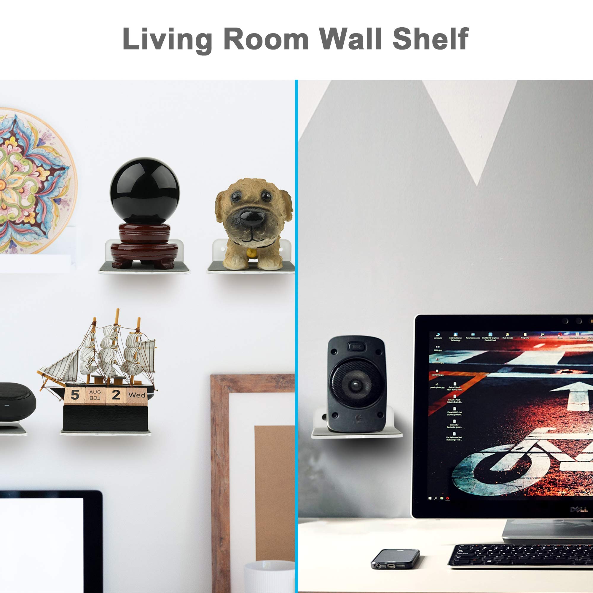 TXEsign Acrylic Floating Wall Shelf - Speaker Stand & Mount for Bookshelf Speakers, Webcam, Cell Phones, Display Shelf - Silky White & Transparent - Perfect for Home Theater, Gaming Setup & Office Decor