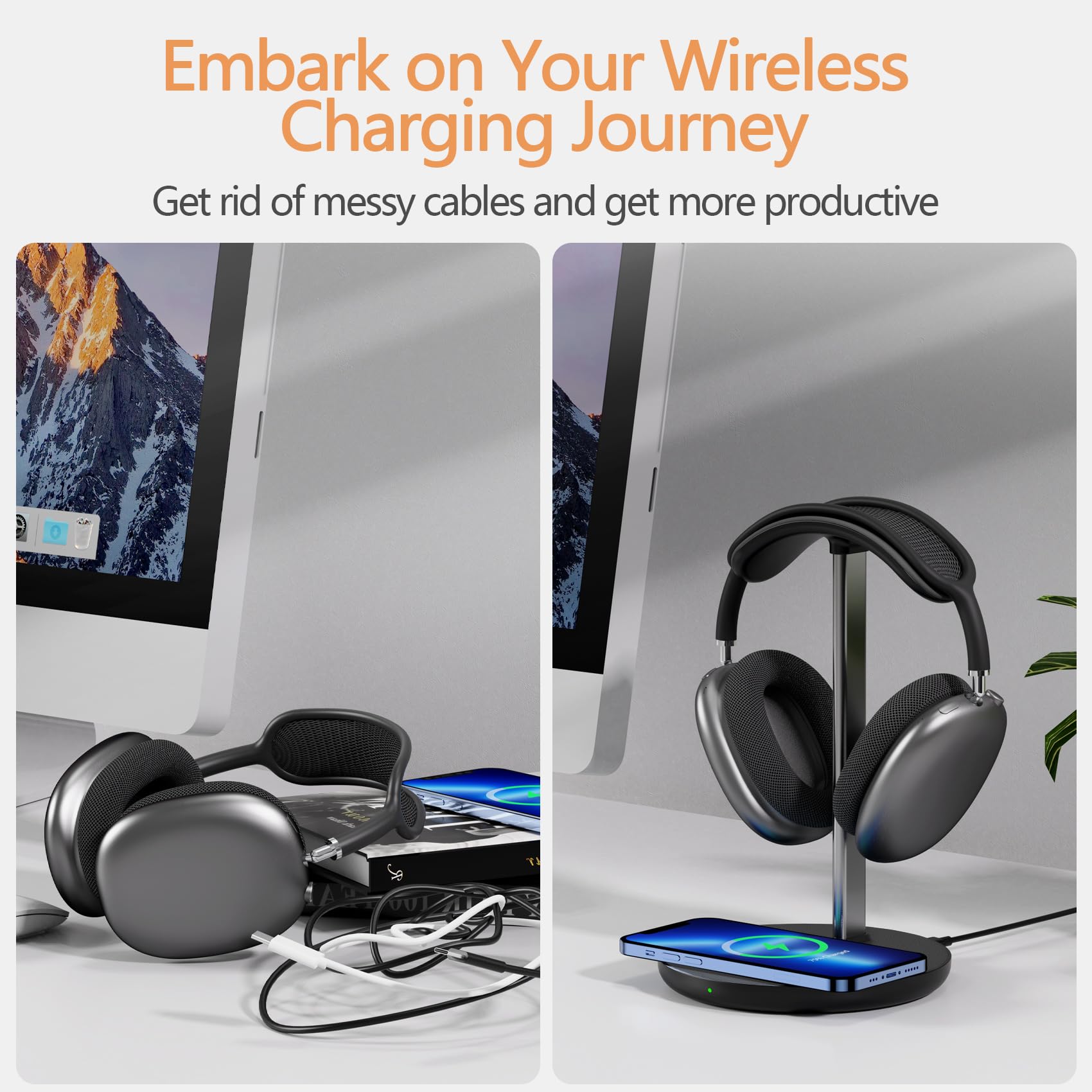 2-in-1 Wireless Charging Headphone Stand - Compatible with iPhone 15/14/13/12/11, Samsung, AirPods Pro/3/2 & All Gaming Headsets | Desktop Organizer with Fast Charging Dock for Office, Gaming Setup & Home Decor (Black)