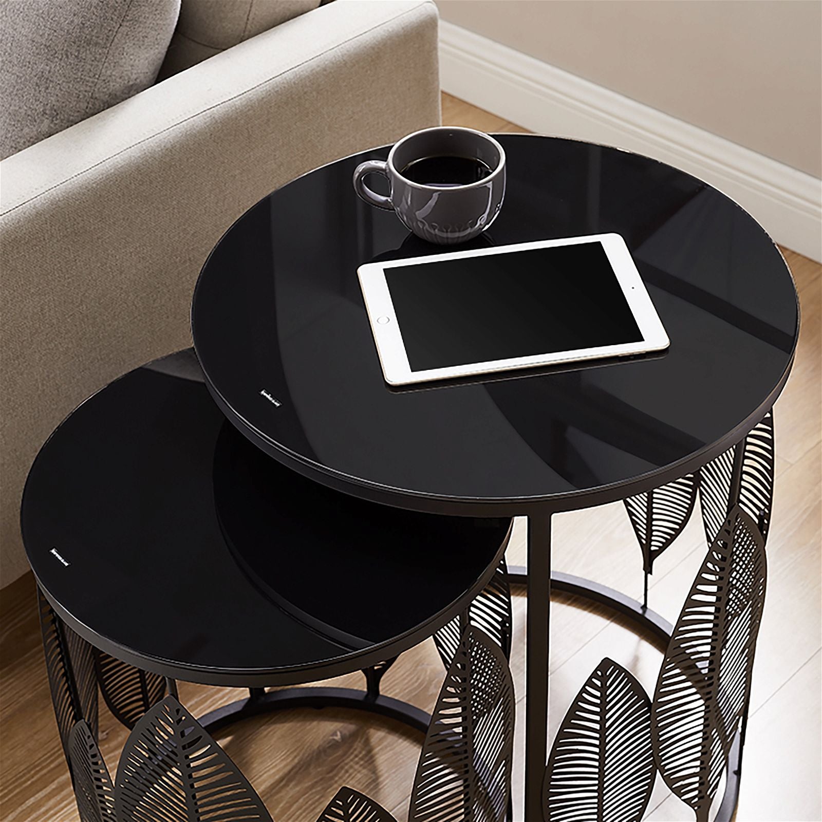 Criterion Black Glass Top Leaf Nested Coffee Tables 520mm - Modern Metal Frame Set for Living Room, Lounge & Office Decor