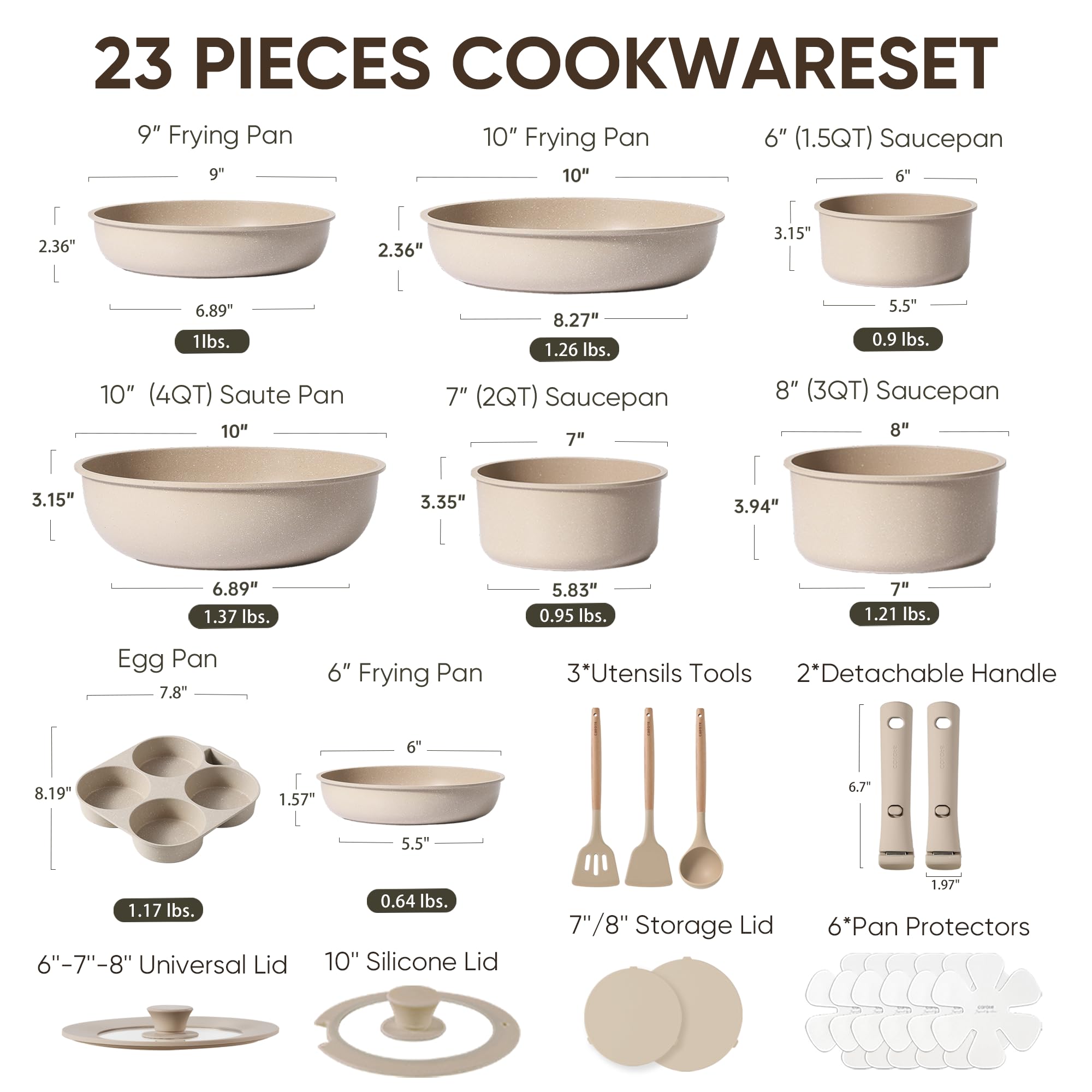 CAROTE 23-Piece Nonstick Cookware Set with Detachable Handles - Induction Compatible, RV & Oven Safe Pots and Pans - Dishwasher Safe Taupe Kitchen Set for Camping, Small Spaces & Everyday Cooking