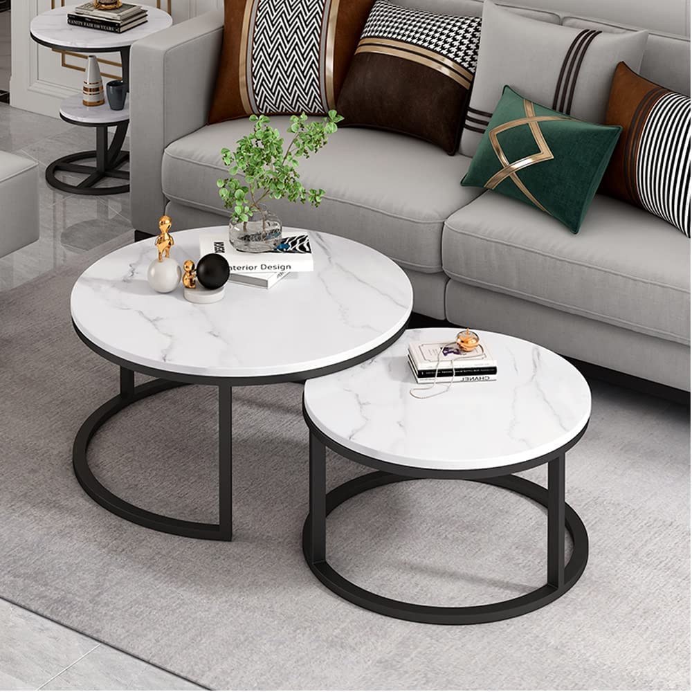 Modern White Marble Nesting Coffee Table Set of 2 - Black Metal Frame Accent Tables for Living Room, Sofa Side Tables - Perfect for Small Spaces, Home Decor & Entertaining Guests