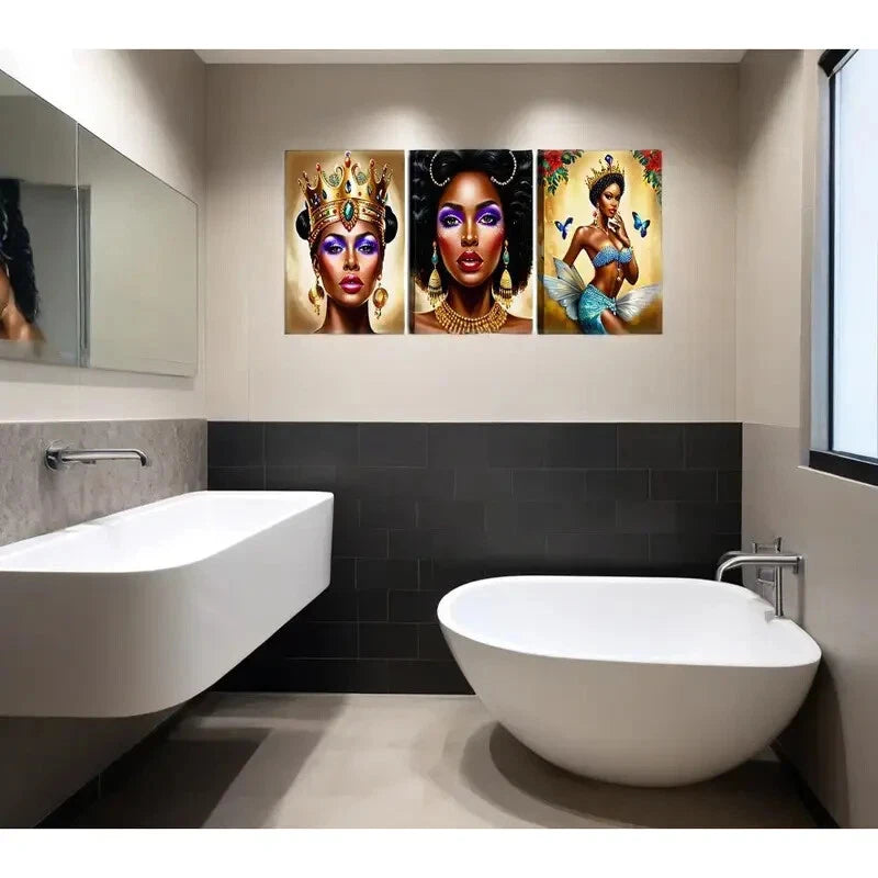 3-Piece Golden Black Girl Portrait Fashion Crown Metal Wall Art - Ready to Hang, Perfect for Bedroom, Living Room & Office Decor