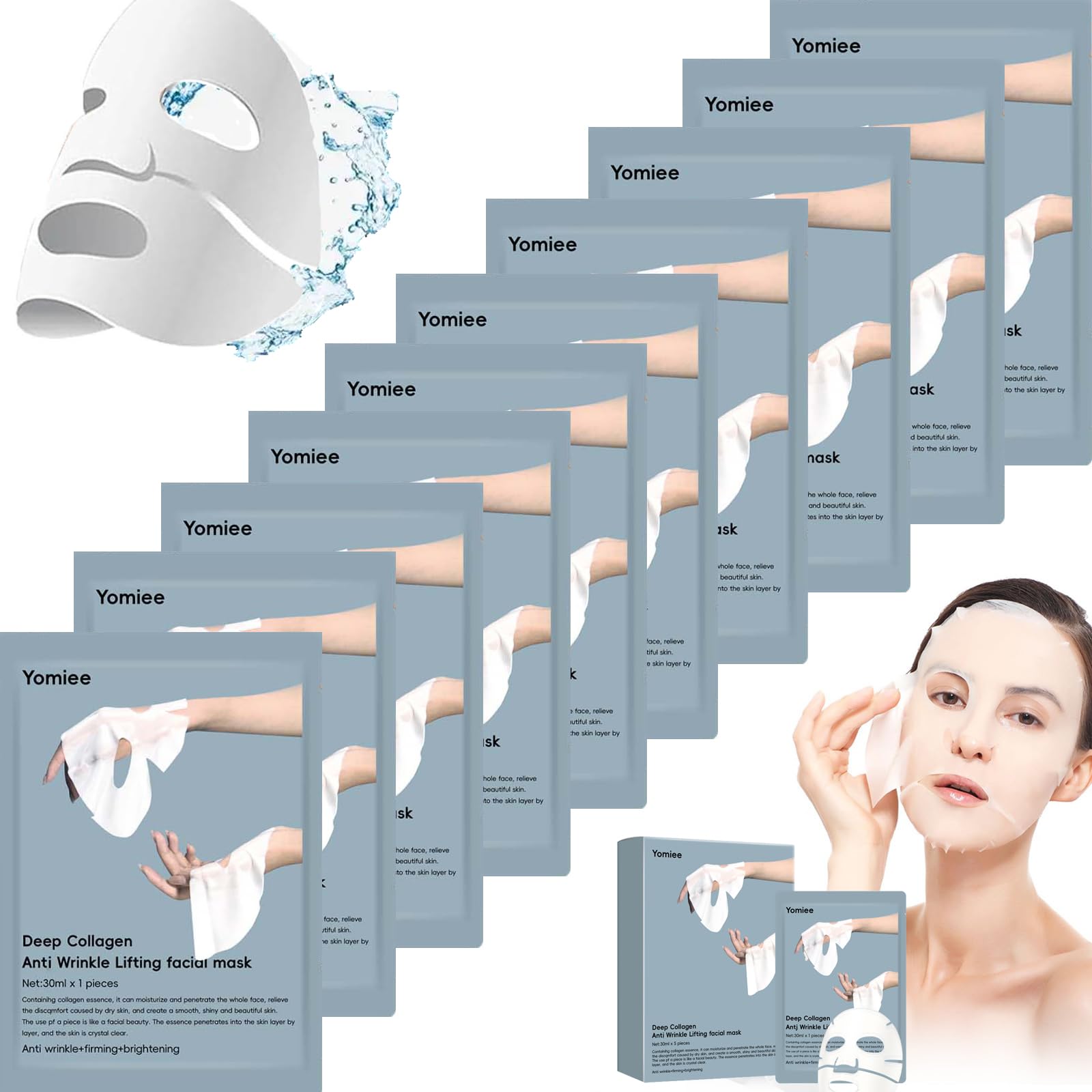 10-Piece Deep Collagen Face Mask Set | Anti-Wrinkle Lifting Overnight Mask with Bio-Collagen | Korean Skincare for Deep Hydration & Moisturizing | Perfect for Night Routine, Spa Days & Travel Skincare