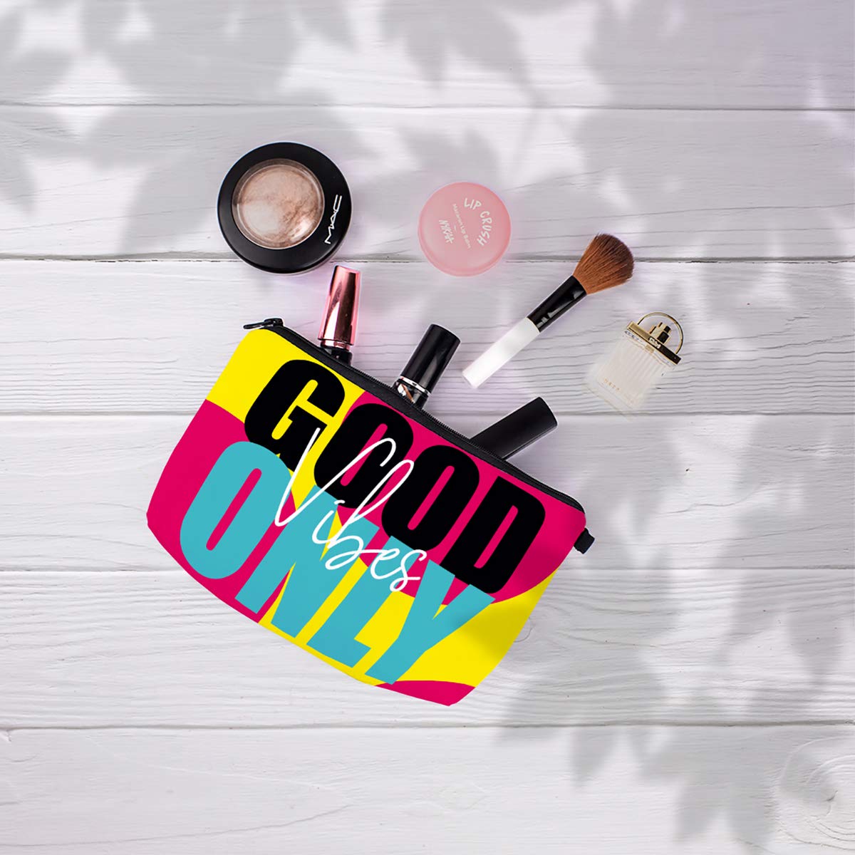 Crazyify Good Vibes Only Canvas Makeup Bag for Women - Waterproof Cosmetic Pouch with Zipper, Travel Toiletry Organizer | Perfect for Daily Use, Gym, Vacation & Gift Giving