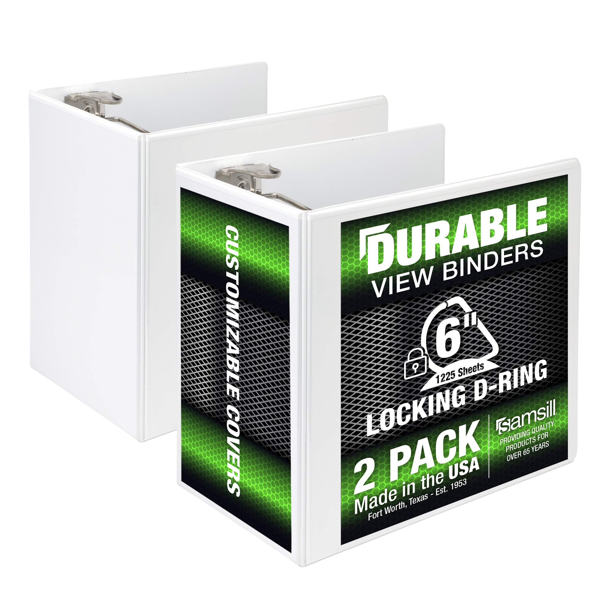 Samsill 6 Inch Durable D-Ring Binder, Made in USA, Locking Mechanism, Customizable Clear View Cover, White, 2-Pack, Holds 1225 Pages - Perfect for Office, School & Document Organization