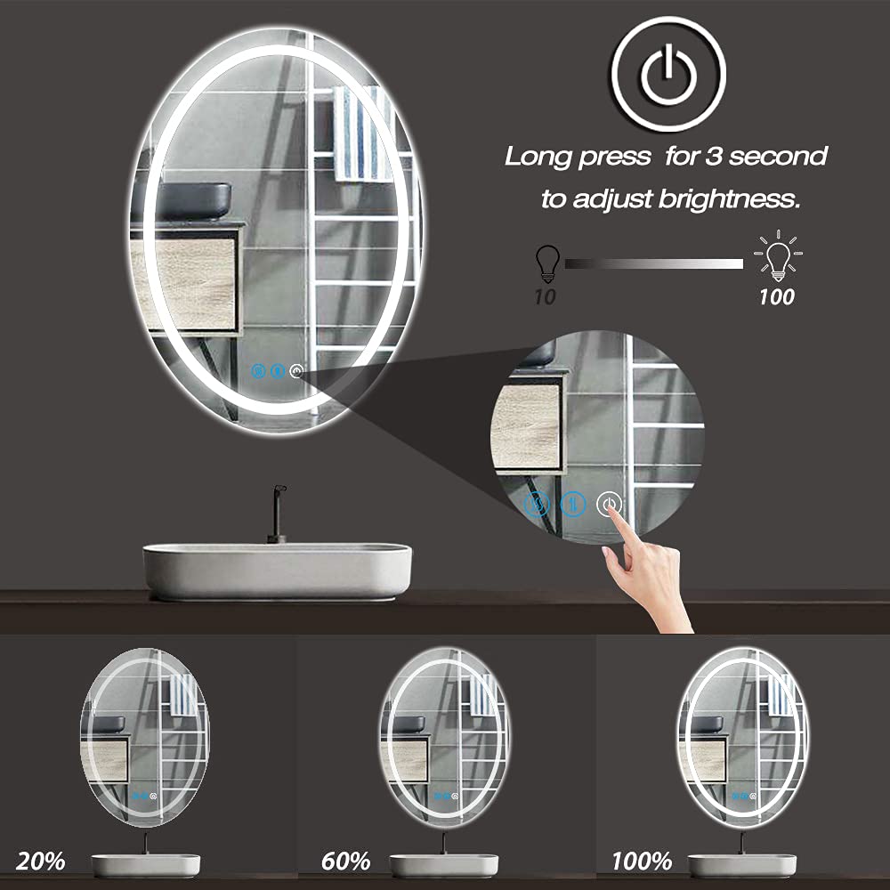 32x24 Inch Oval LED Bathroom Mirror with 3-Color Dimmable Lighting - Anti-Fog Smart Wall Mounted Makeup Mirror for Vanity, Hotel & Home Use