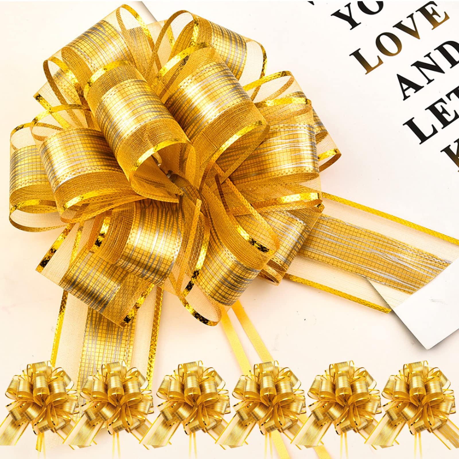6 PCS Large Pull Bows for Gift Wrapping - Elegant Wedding, Party & Holiday Decoration Bows - Perfect for Gift Baskets, Presents & Festive Decor (Gold)