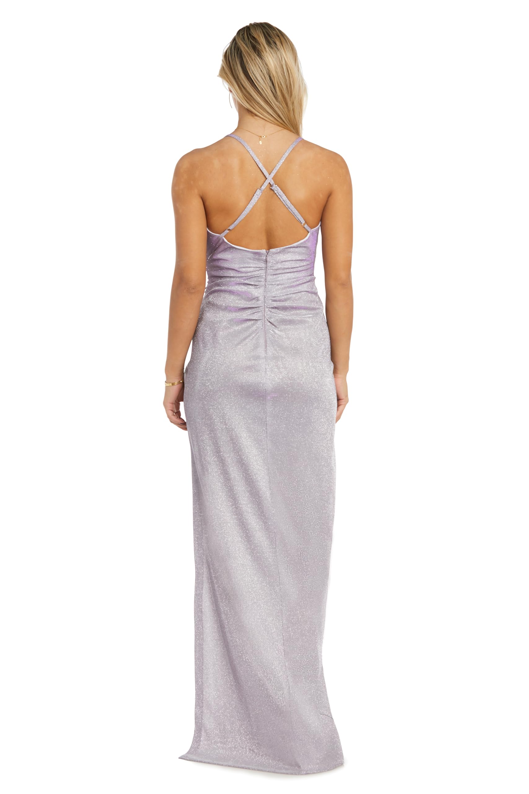 Elegant Long Shimmer Evening Gown with Cowl Neckline, X-Back Design & High Side Slit - Perfect for Prom, Wedding Guest & Formal Events