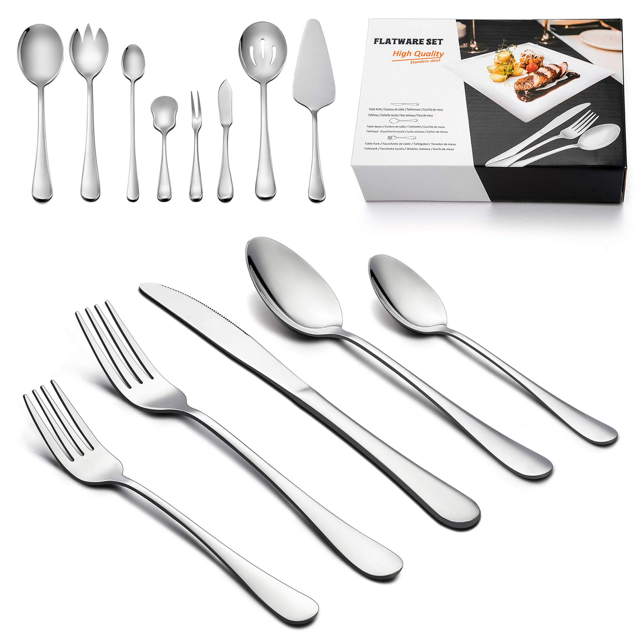 48-Piece Stainless Steel Flatware Set for 8 - Includes Knives, Spoons, Forks & Serving Utensils - Mirror Polish, Dishwasher Safe - Perfect for Dinner Parties, Restaurants & Everyday Dining