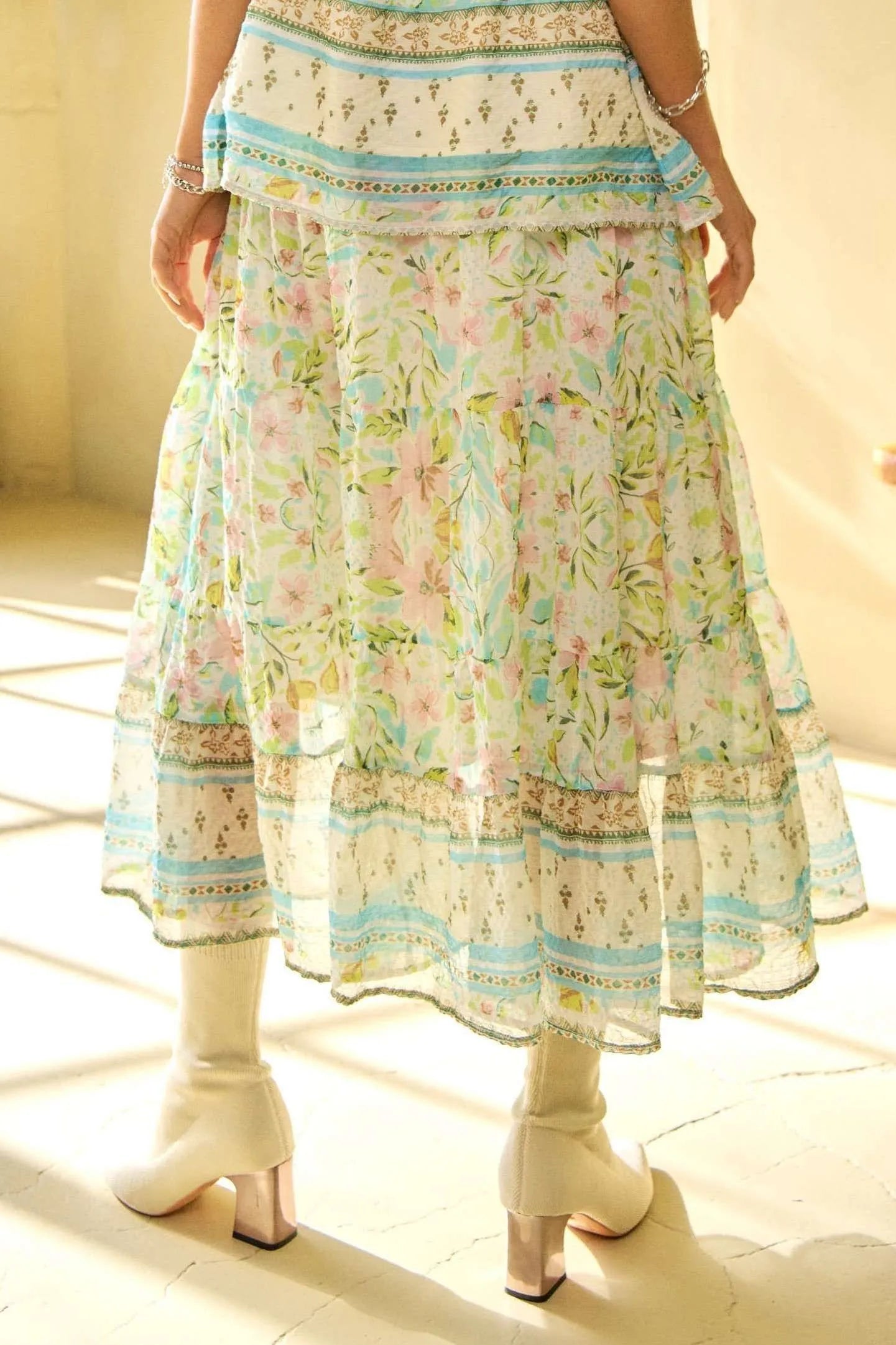 Floral Print Elastic Waist Ruffled Skirt for Women - Spring Summer Boho Style Skirt with Comfortable Stretch Waistband - Perfect for Beach, Vacation, and Casual Outings