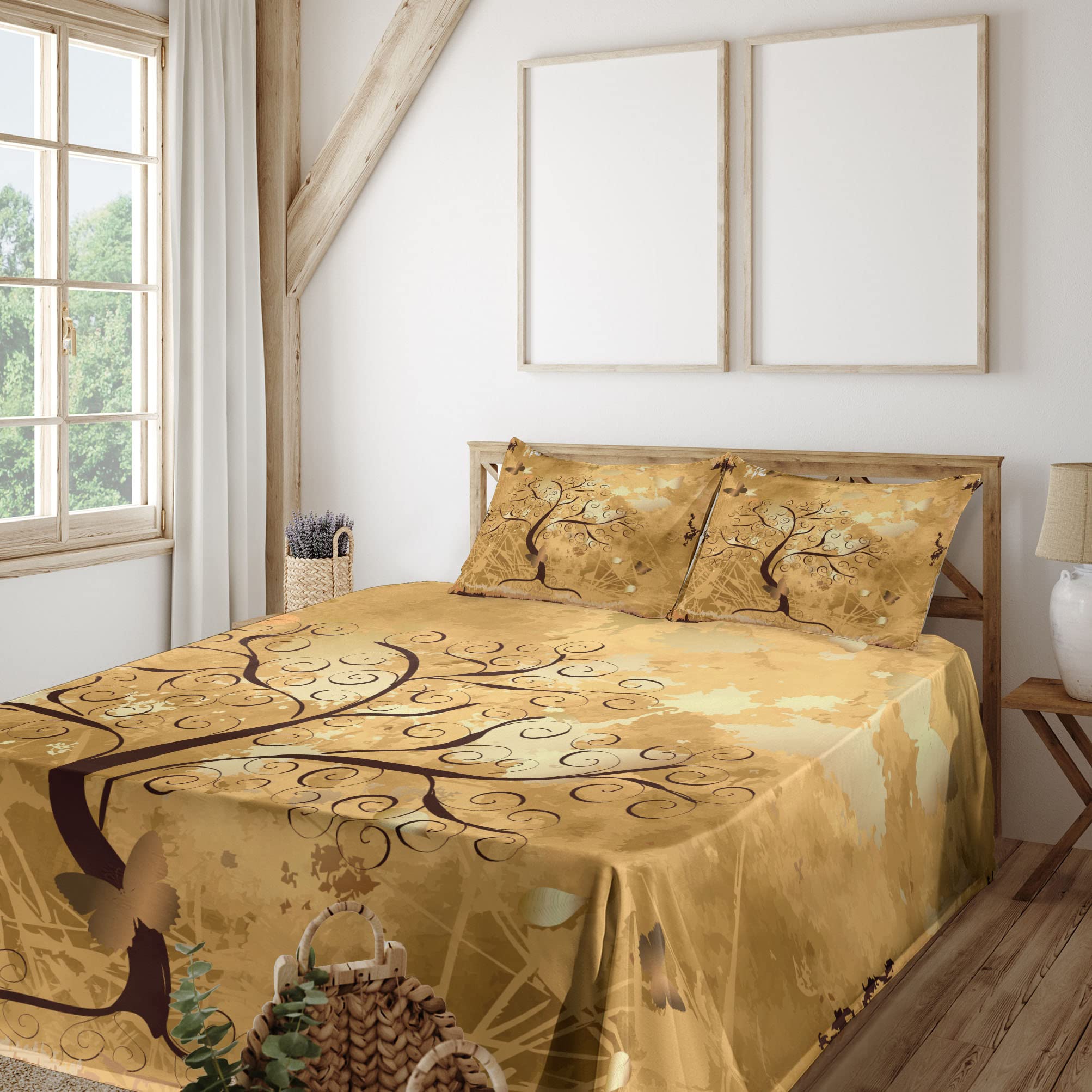 Ambesonne Tree Sheet Set 4-Piece - Grunge Style Swirled Branches & Butterfly Silhouettes - King Size Brown & Pale Brown Bedding - Fitted & Flat Sheets with Pillowcases - Perfect for Boho & Nature-Inspired Bedrooms