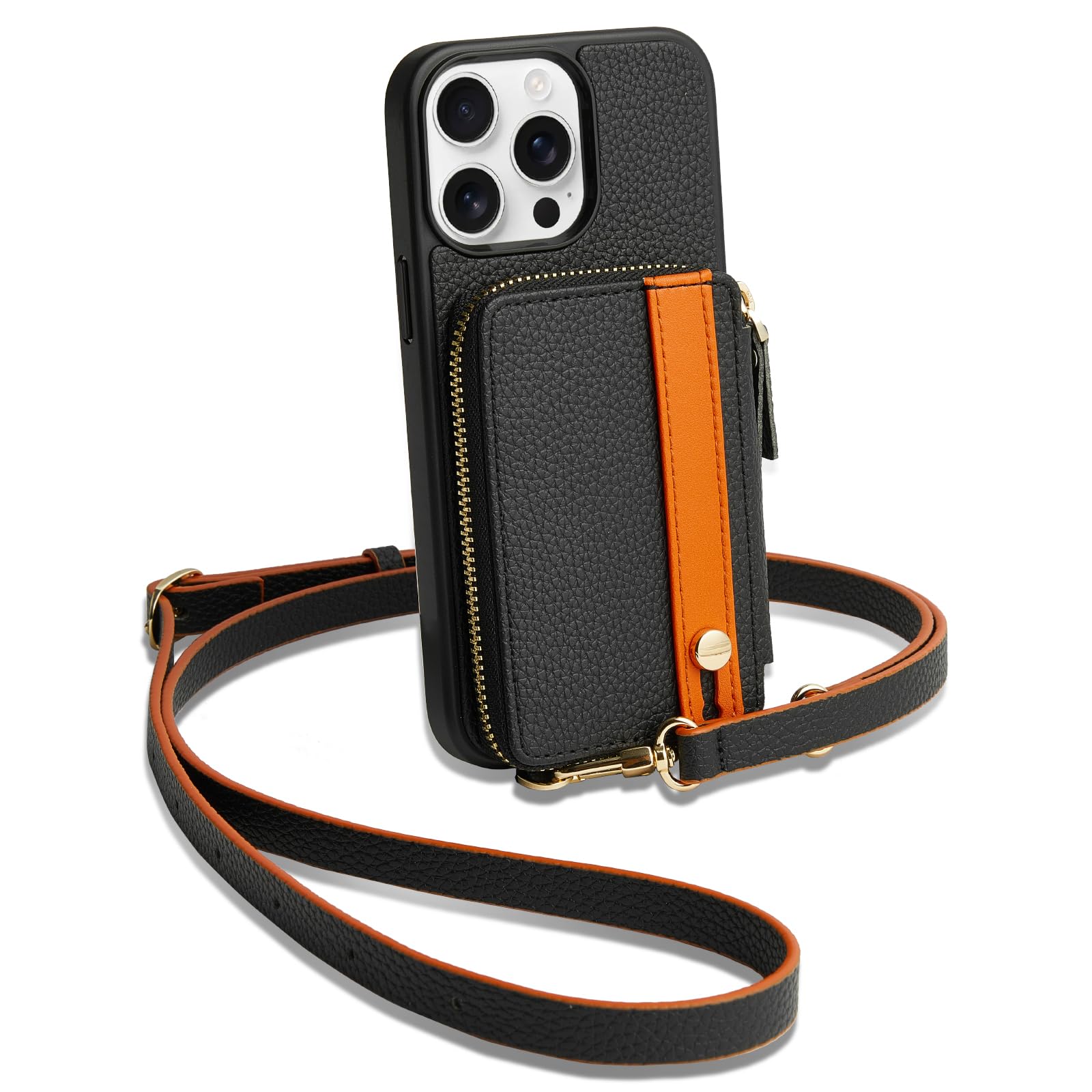 LAMEEKU iPhone 15 Pro Max Wallet Case with Card Holder & Kickstand - Leather Zipper Crossbody Phone Case with Wrist Strap & Lanyard - 6.7