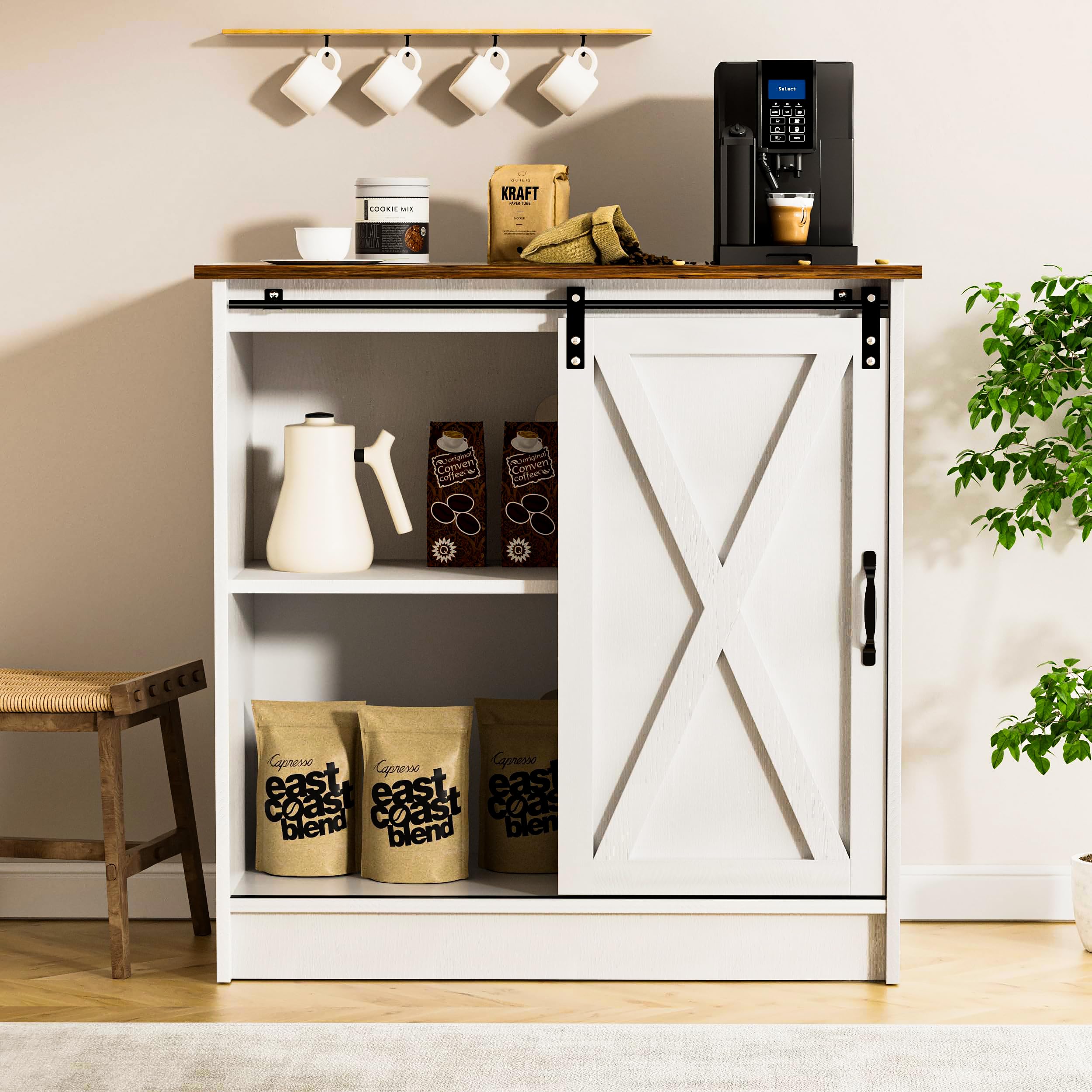 White Coffee Bar Cabinet with Storage - Farmhouse Style Coffee Bar Table with Sliding Barn Door - Perfect for Kitchen, Dining Room & Living Room - Organize Coffee Mugs, Wine Bottles & Kitchen Essentials