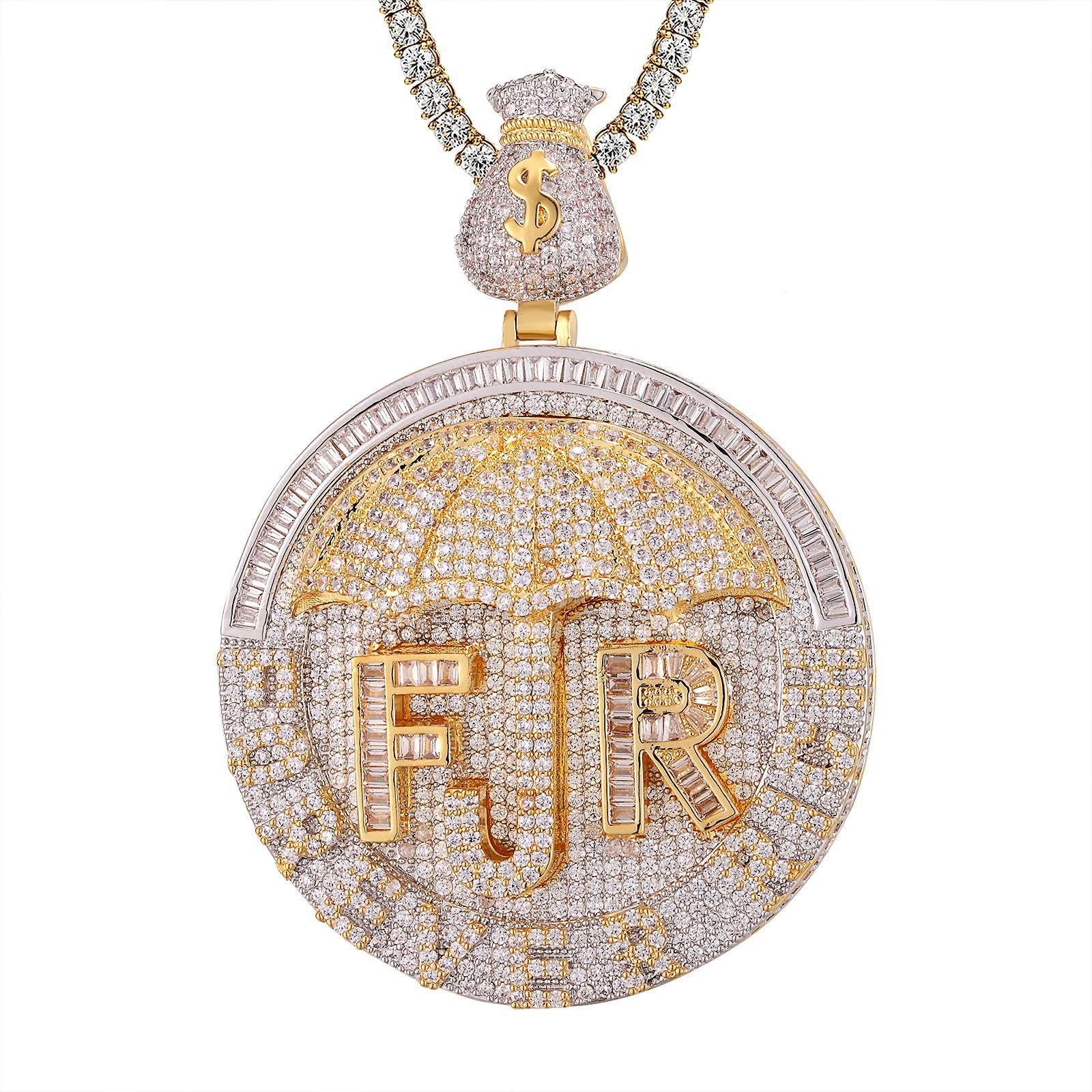 Men's Forever Rich Money Dollar Bag Baguette Circle Pendant Necklace - Luxury Hip Hop Jewelry for Parties, Gifts & Streetwear Fashion