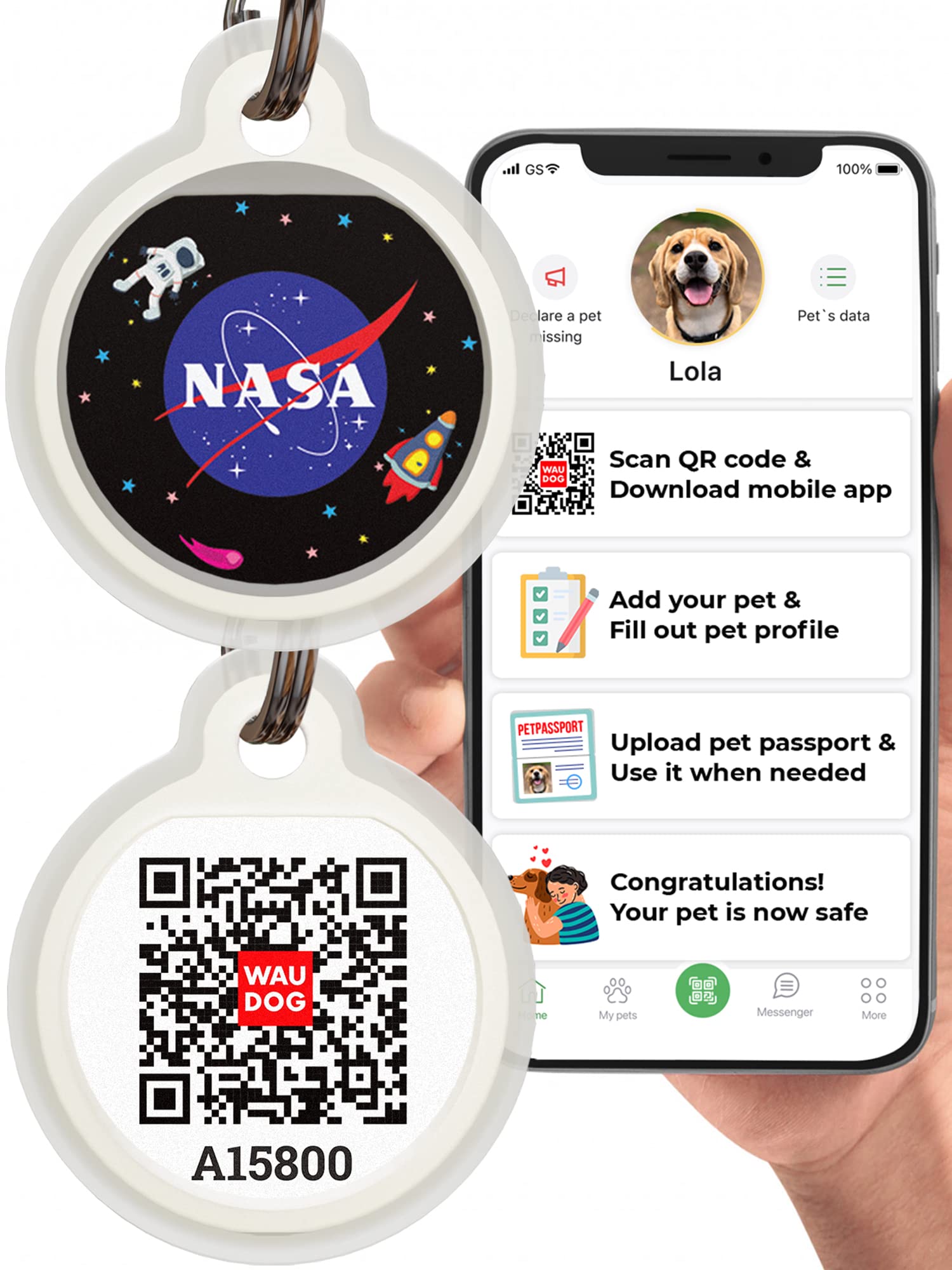 Silicone QR Code Pet ID Tags for Dogs & Cats - Silent Pet Name Tag with Custom Engraving for Dog Collars - Durable Pet Identification Tags (NASA-L) - Perfect for Daily Walks, Travel & Emergency Contact Info
