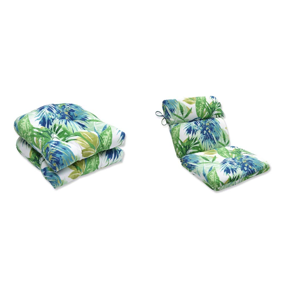 Premium Round Back Tufted Seat Cushions 19x19 Inch - Indoor/Outdoor Waterproof Patio Furniture Pillows (Set of 2, Blue/Green) & Corner Chair Cushion 40.5x21 Inch - Durable Sunbrella Fabric for Garden, Deck, Poolside Lounge