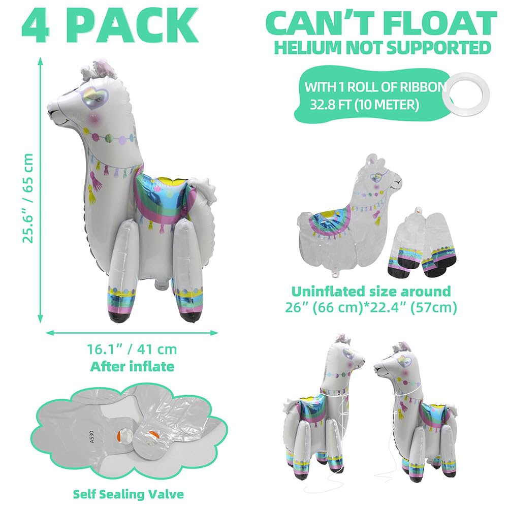 4 Pack Self-Standing Alpaca Llama Foil Balloons - Farm & Zoo Animal Party Decor for Mexican Fiesta, Cactus Birthday, Baby Shower - Perfect for Indoor/Outdoor Celebrations, Themed Parties & Photo Backdrops