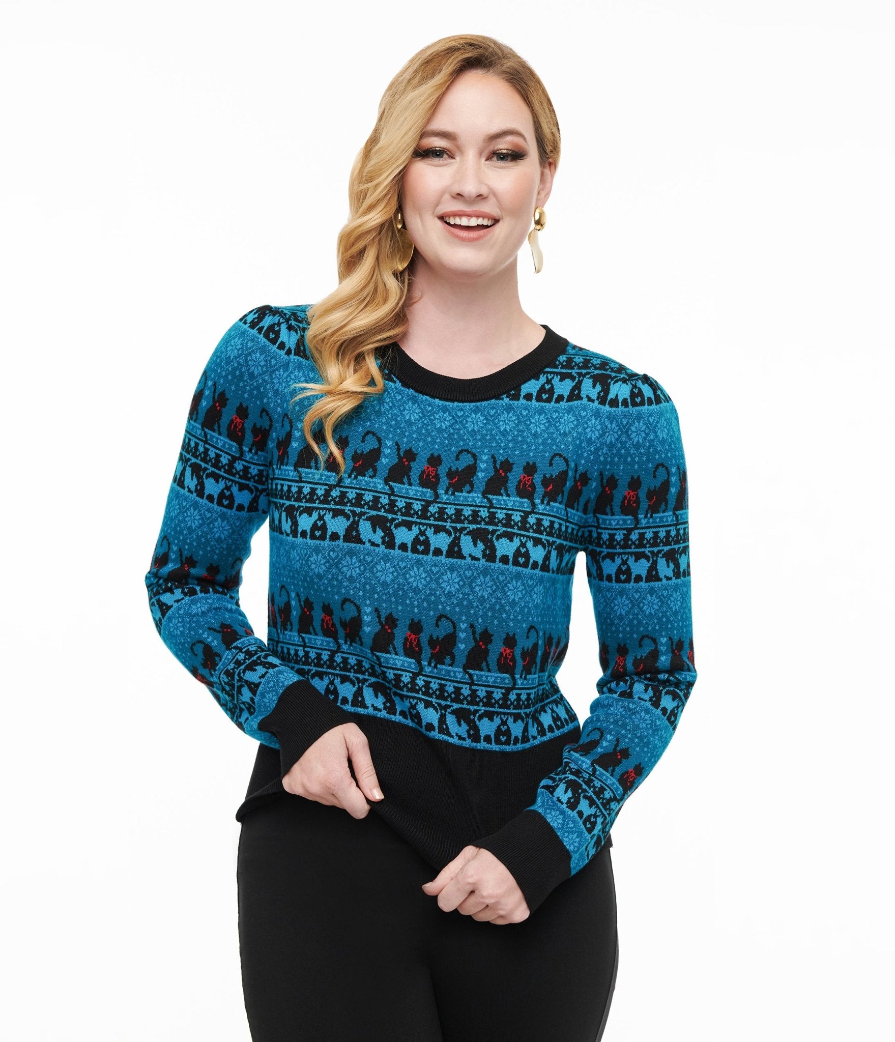 Vintage 1950s Teal Snowflake Cat Sweater - Retro Christmas Holiday Pullover for Women - Perfect for Winter Parties & Cozy Seasonal Gatherings