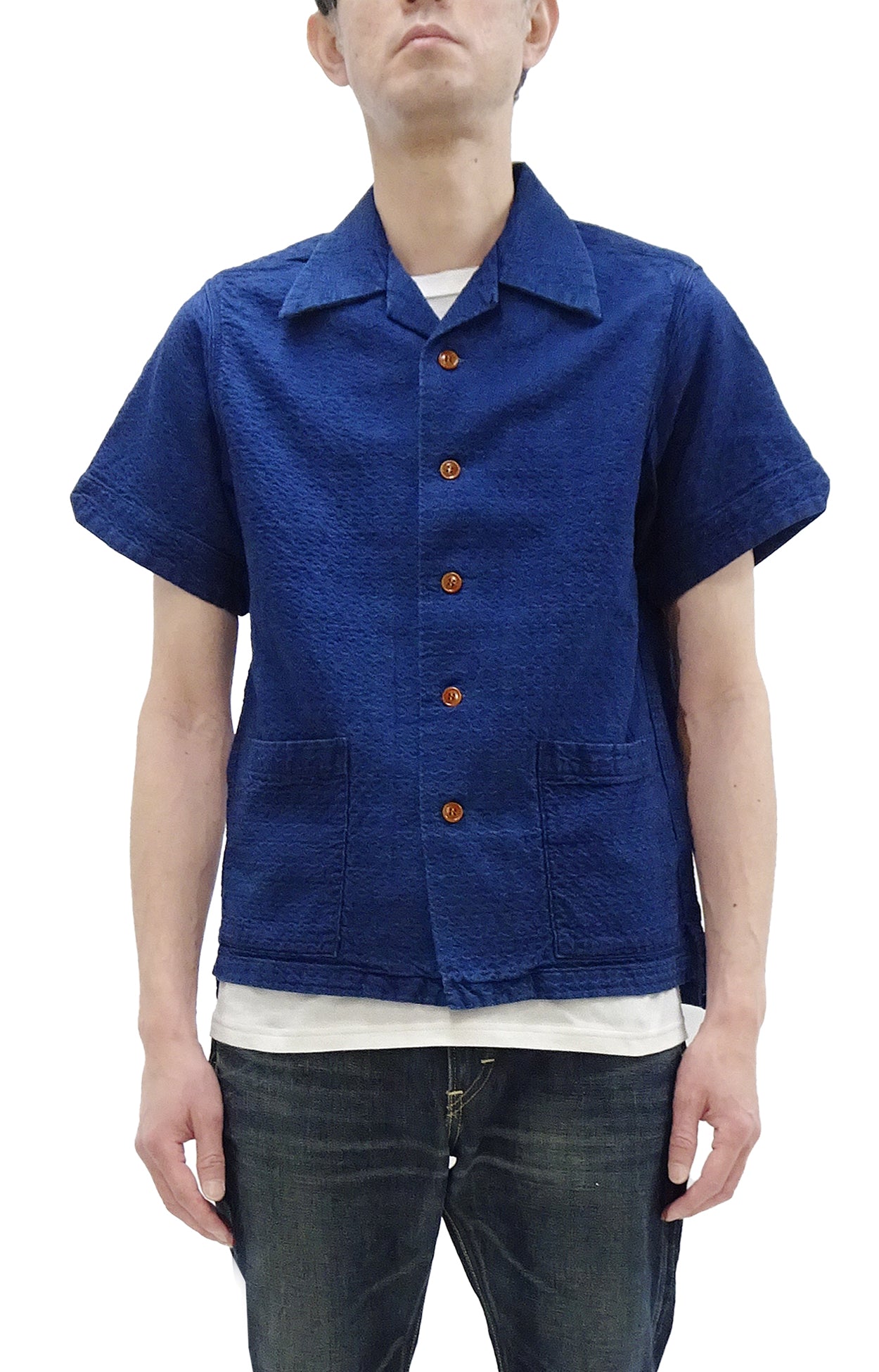 Studio D'Artisan Men's Indigo Dobby Camp Collar Shirt - Short Sleeve Casual Shirt with Relaxed Resort Style & Faded Wash (5724U) | Perfect for Summer Vacations, Beach Outings & Casual Wear