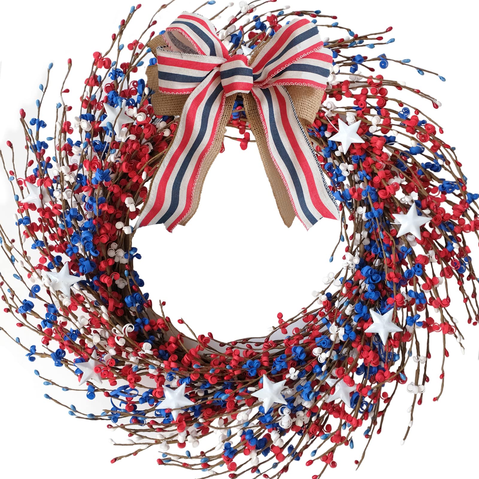 18 Inch Patriotic Red White Blue Berries Leaves Wreath with Burlap Bow - Memorial Day, Independence Day, 4th of July Front Door Decor for Indoor & Outdoor Use - Perfect for Front Porch, Fireplace, and Holiday Home Decoration