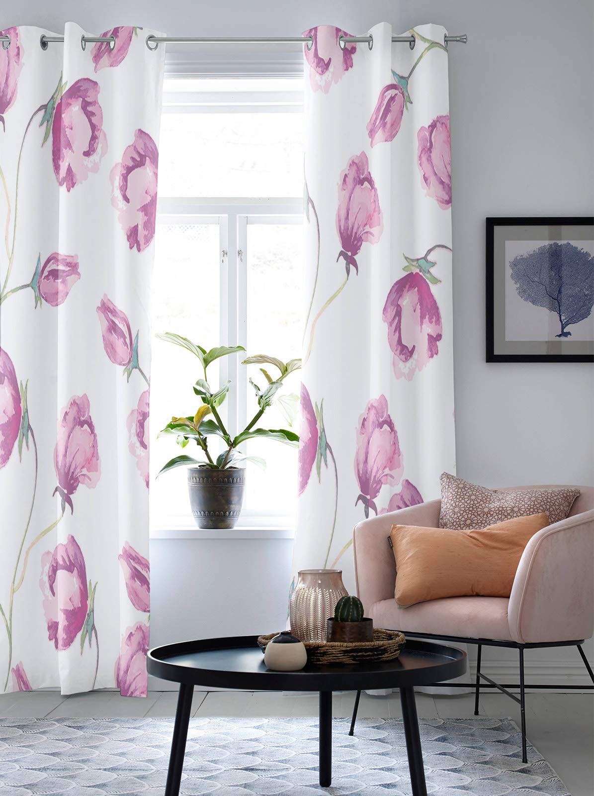 Pink Floral Thermal Insulated Grommet Curtains - 96 Inch Length (2 Panels) for Bedroom & Living Room | Elegant Spring Flower Design | Energy Saving Blackout Drapes | Perfect for Home Decor, Temperature Control & Light Blocking