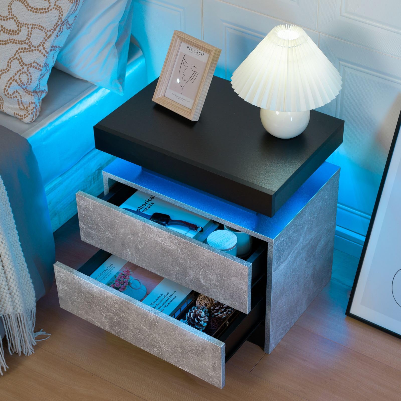 Modern LED Nightstand with 2 Drawers - Wooden Bedside Table with Soft Lighting for Bedroom, Living Room End Table (Grey) - Perfect for Reading, Charging Devices & Bedroom Storage