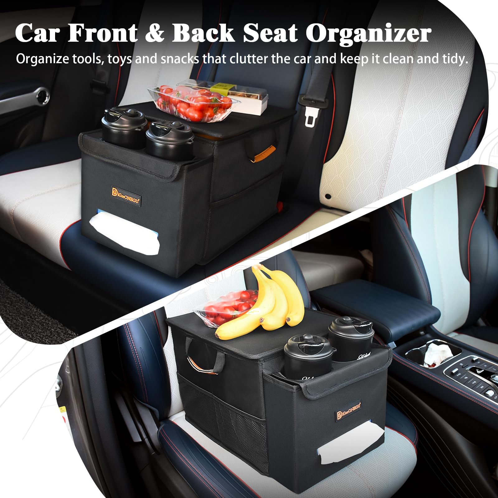 Car Seat Organizer with Cooler Compartment & Cup Holder - Black Multi-Pocket Car Storage Organizer for Front & Back Seats | Perfect for Road Trips, Family Travel & Kids' Toys Organization
