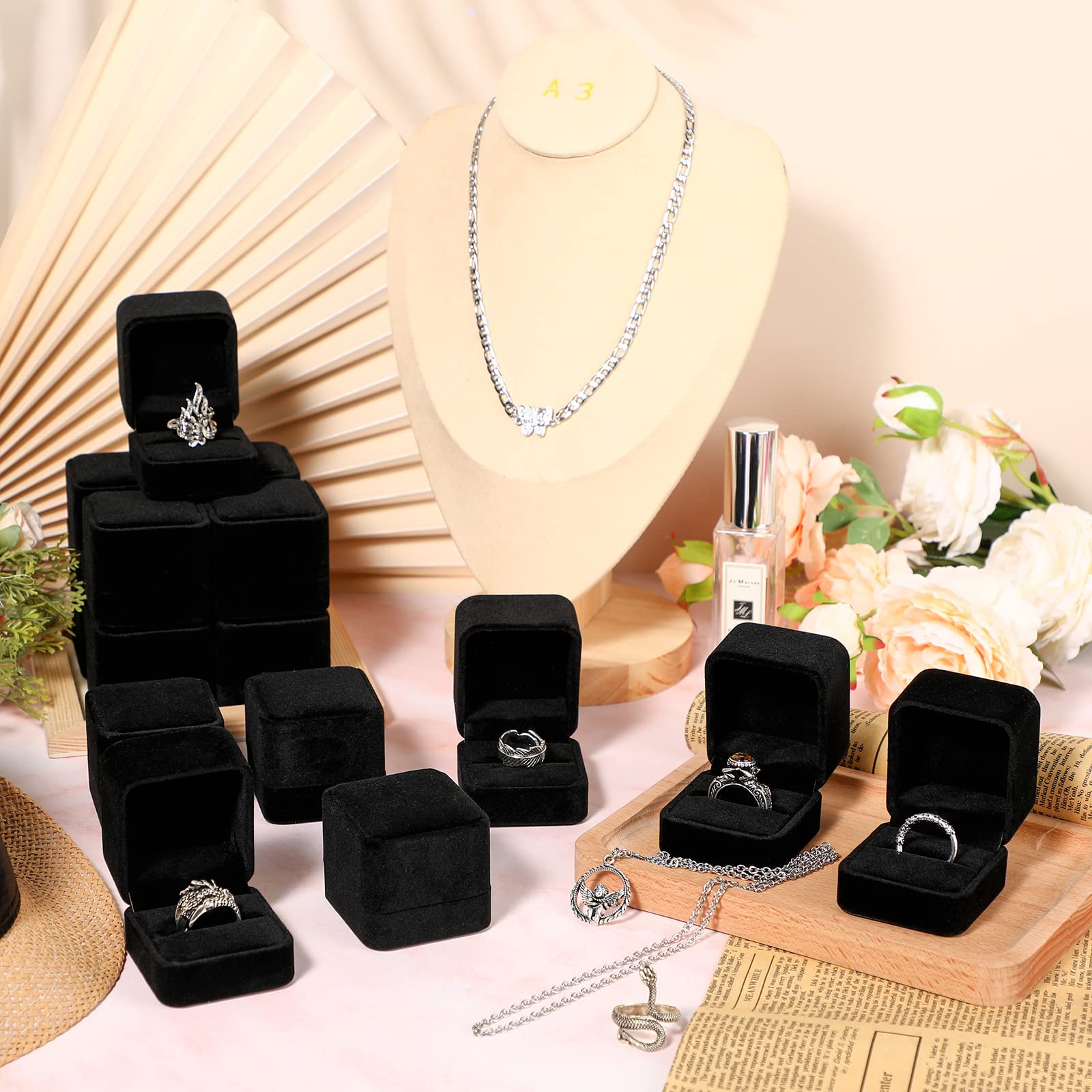 BBTO 36-Piece Bulk Velvet Ring Box Set - Elegant Wedding Engagement Ring Gift Box for Proposals, Jewelry Display Case - Perfect for Anniversaries & Birthdays (Black) | Ideal for Wedding Ceremonies, Jewelry Storage & Gift Giving