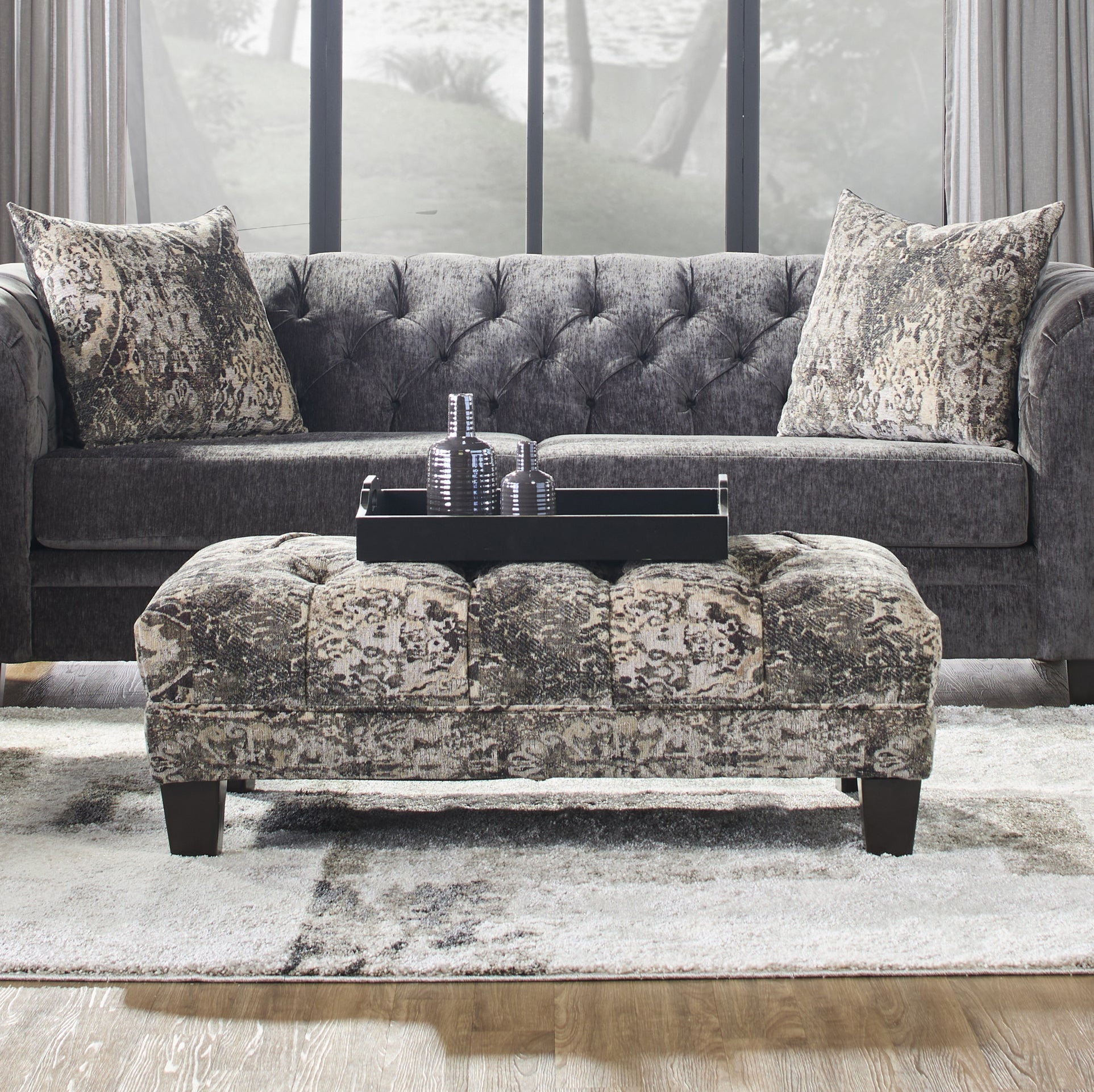Roundhill Furniture Berliton Fabric Tufted Oversized Ottoman in Turkish Charcoal - Large Storage Footstool, Living Room Pouf, Bedroom Bench - Perfect for Home Decor, Lounge & Relaxation